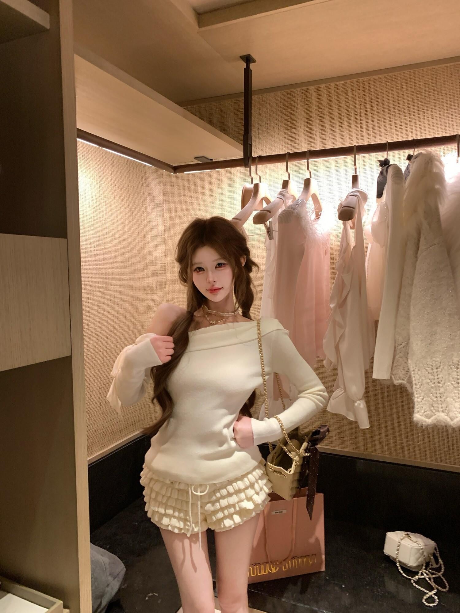 PoopyLii Apricot Slanted Off Shoulder Fitted Waist Women's Knit Long Sleeve T-shirts