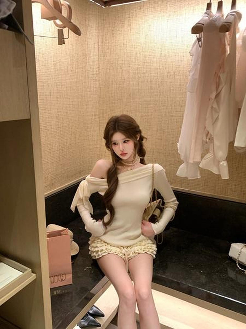 PoopyLii Apricot Slanted Off Shoulder Fitted Waist Women's Knit Long Sleeve T-shirts