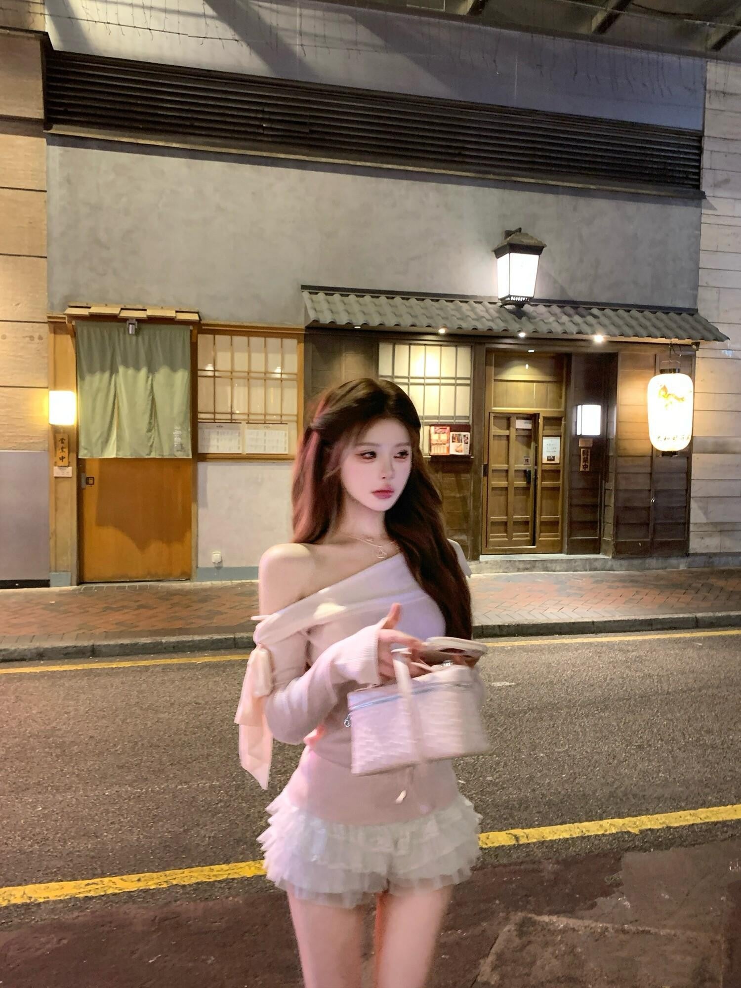 PoopyLii Apricot Slanted Off Shoulder Fitted Waist Women's Knit Long Sleeve T-shirts