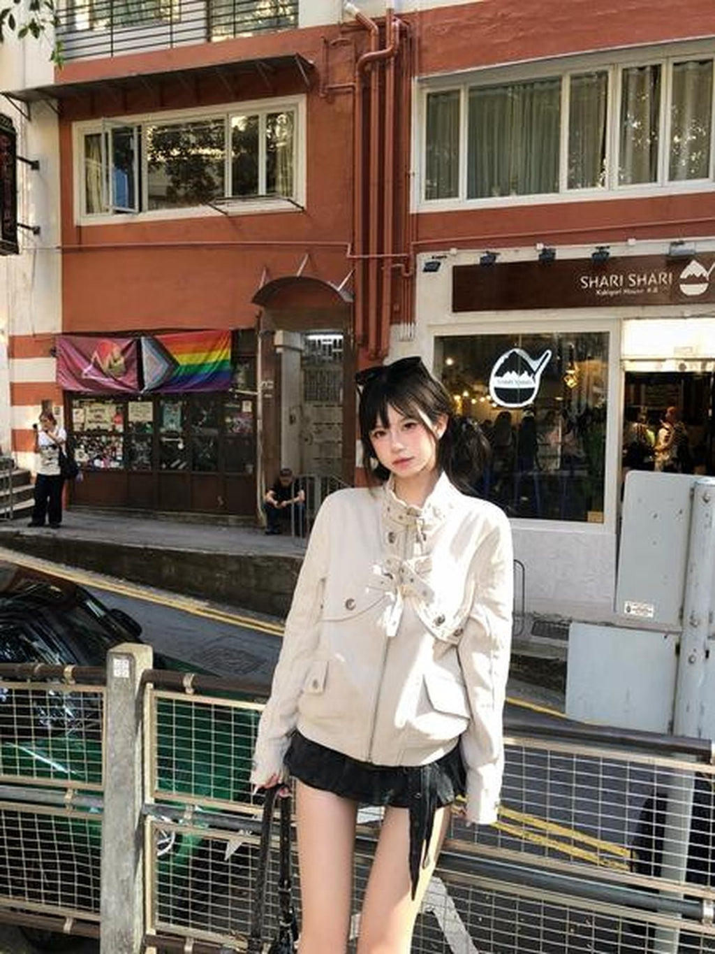 PoopyLii Apricot Utility Strap Button Stand Collar Women's Cotton Cropped Jackets