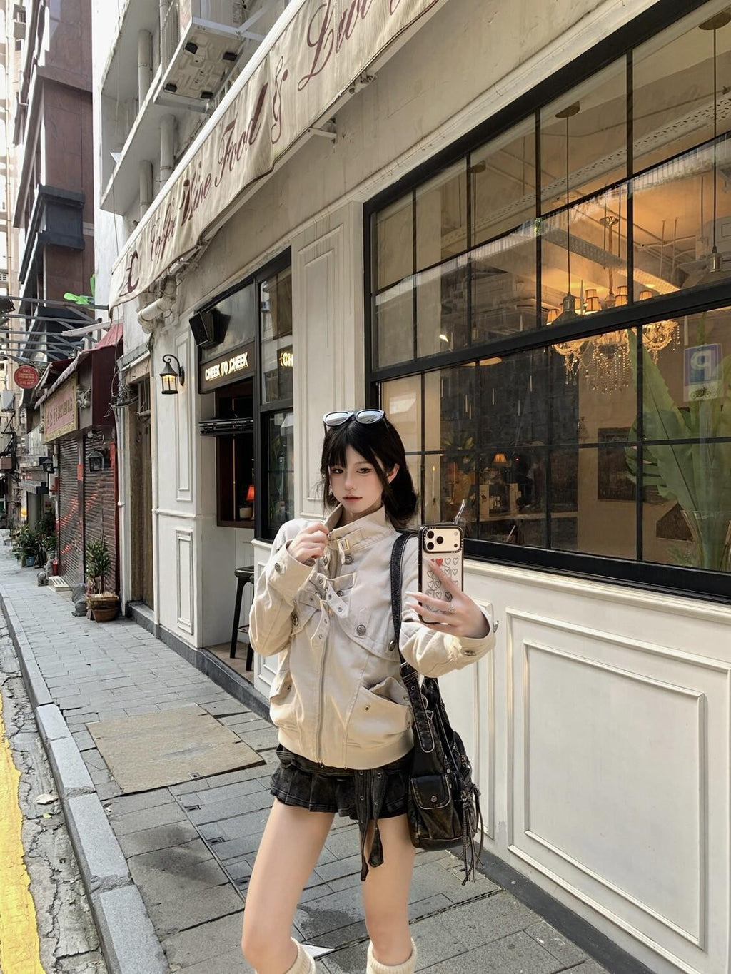 PoopyLii Apricot Utility Strap Button Stand Collar Women's Cotton Cropped Jackets