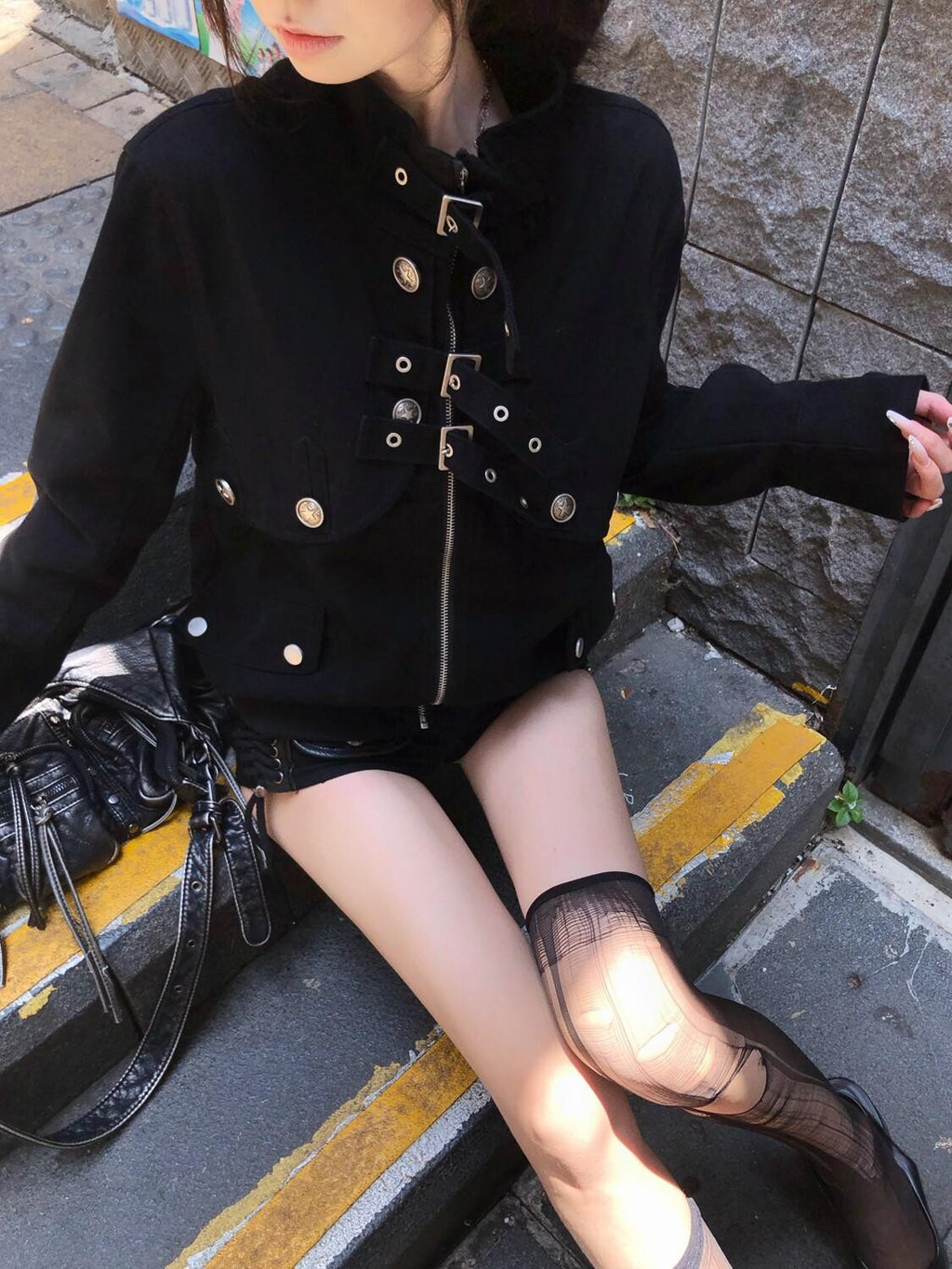 PoopyLii Apricot Utility Strap Button Stand Collar Women's Cotton Cropped Jackets