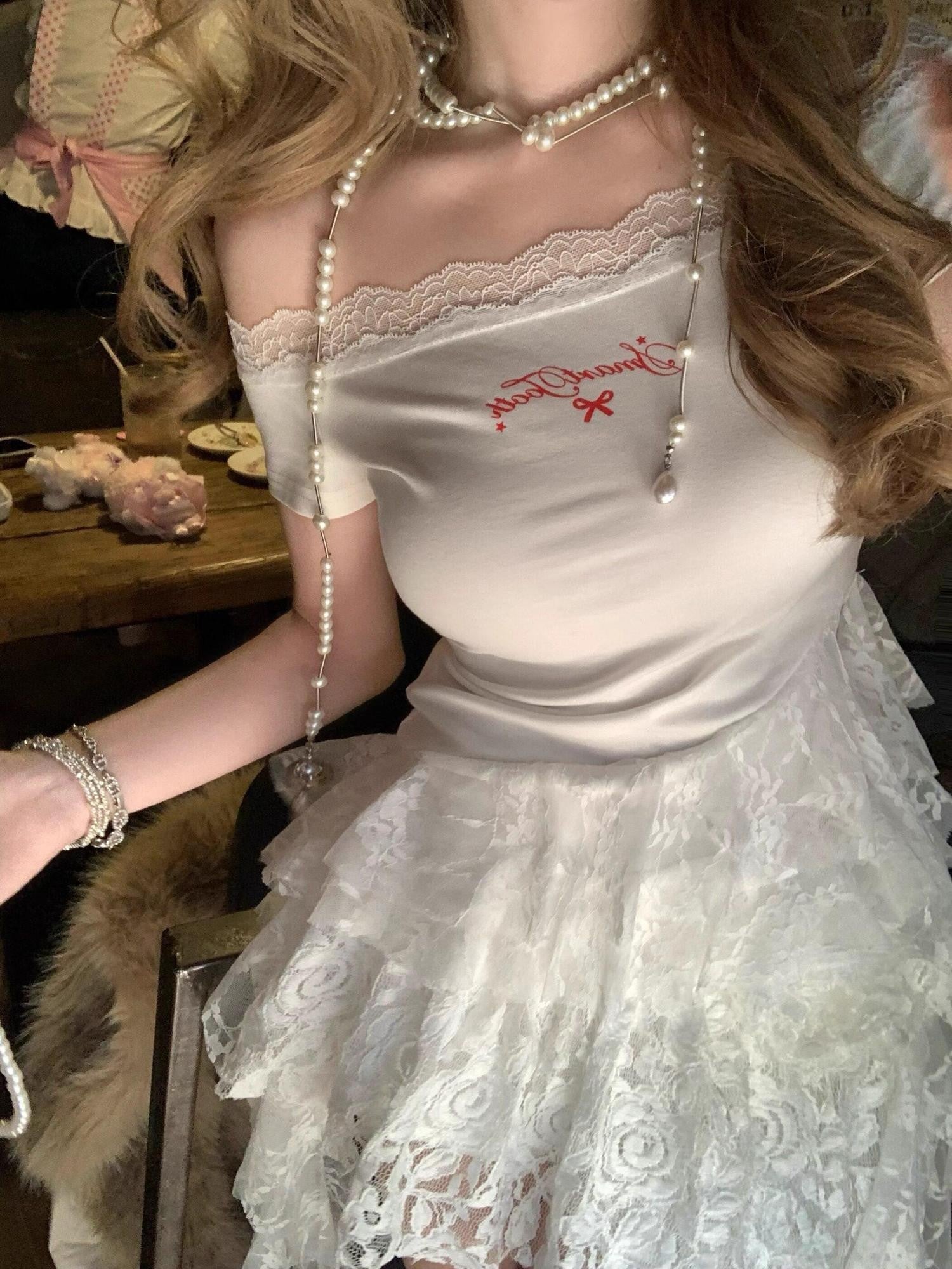 PoopyLii Ballet Bardot Short Sleeve Women's Lace Off-shoulder T-shirts