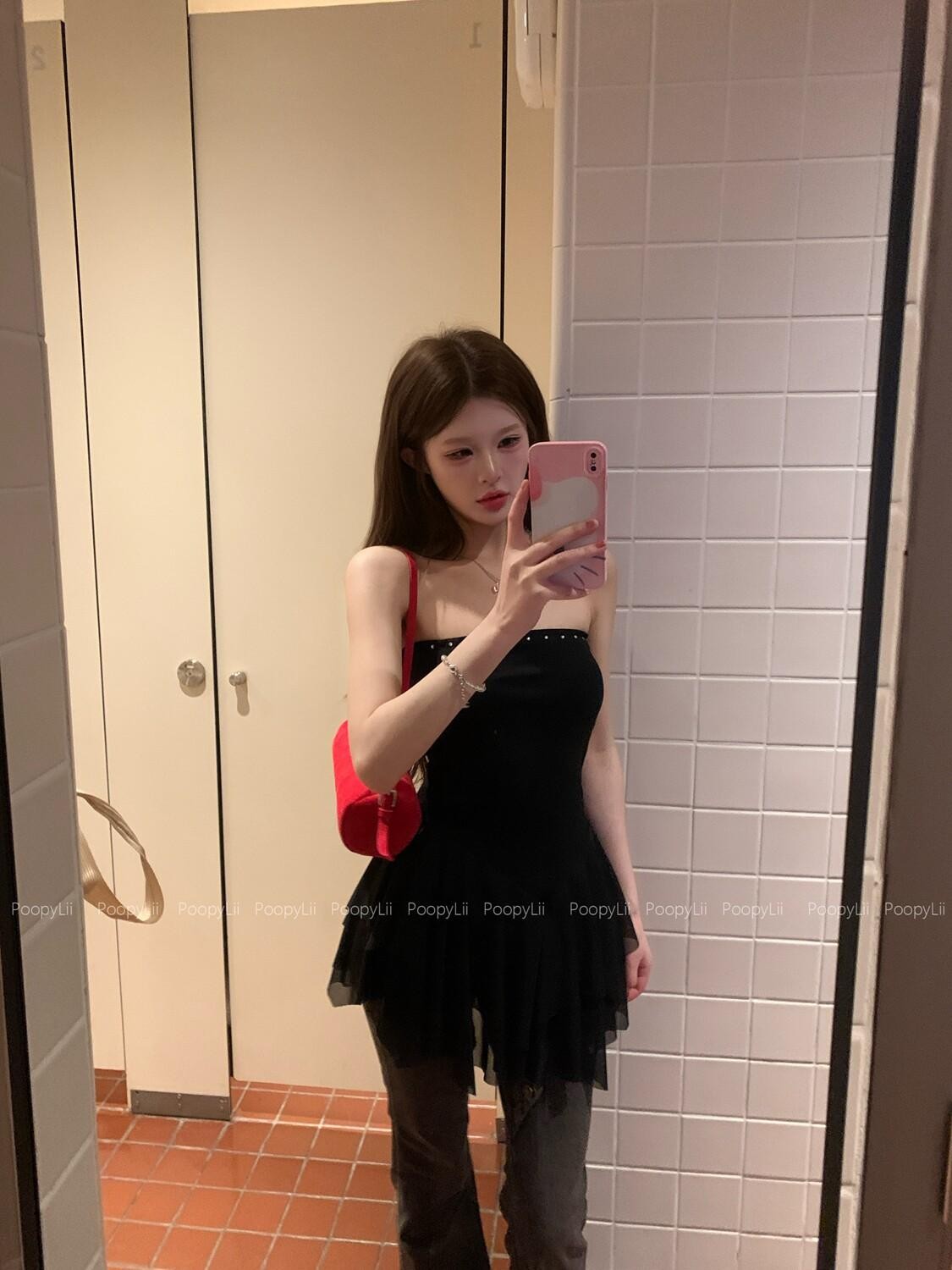 PoopyLii Black Asymmetric Slim Fit Women's Cotton Blend Tube Mini Dresses