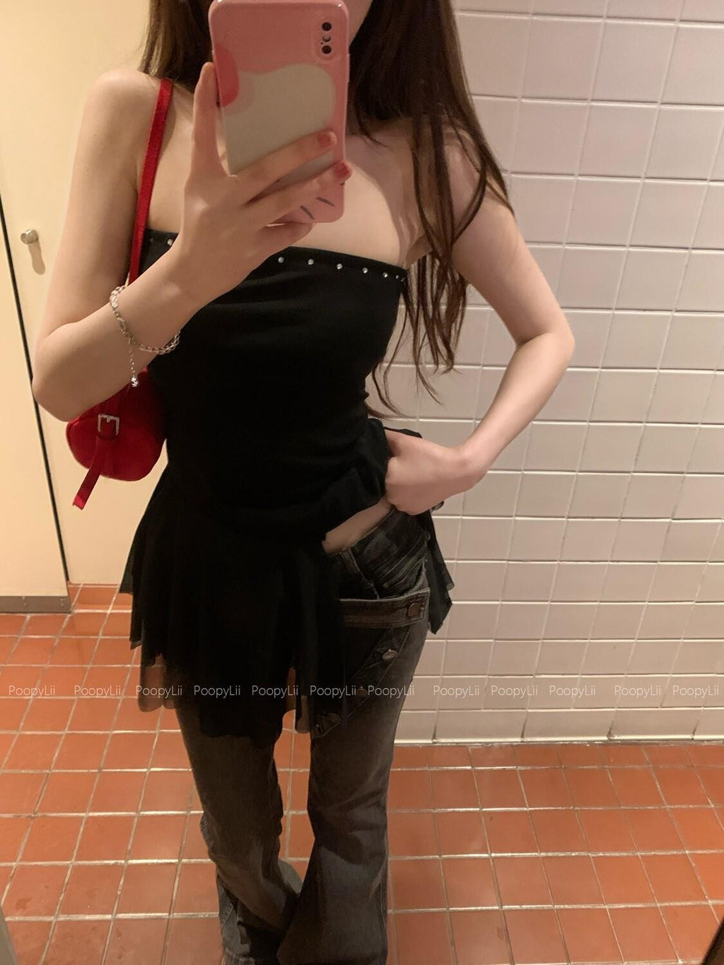 PoopyLii Black Asymmetric Slim Fit Women's Cotton Blend Tube Mini Dresses