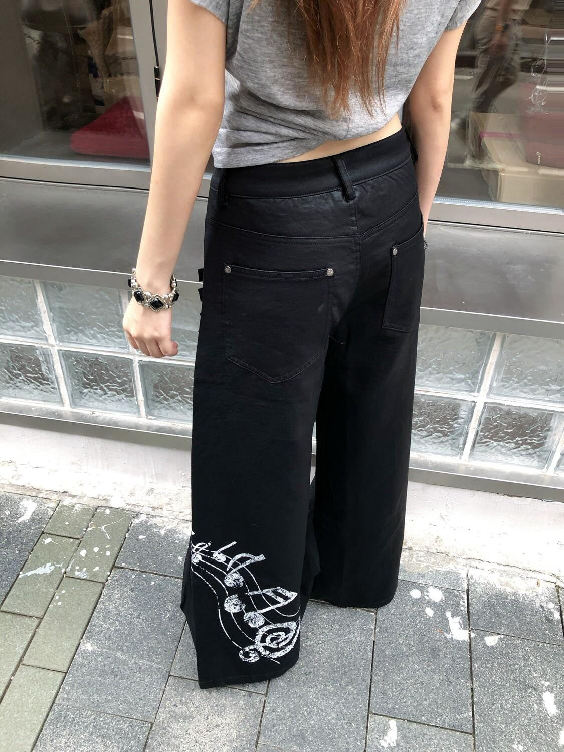 PoopyLii Black Button Detail Sculptural Floor Length Women's Polyester Wide-leg Pants