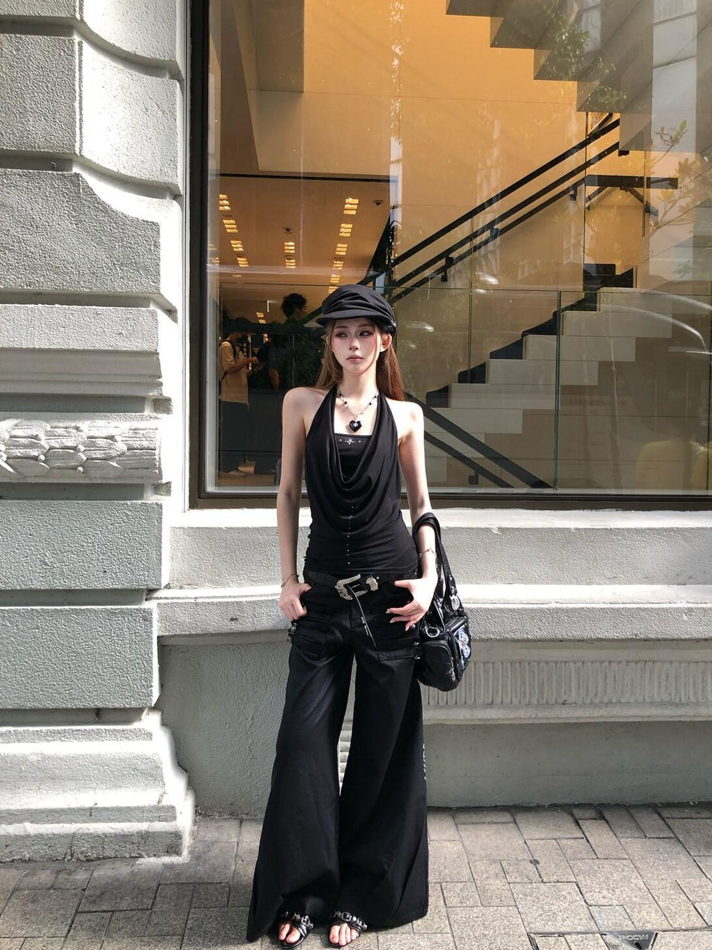 PoopyLii Black Button Detail Sculptural Floor Length Women's Polyester Wide-leg Pants
