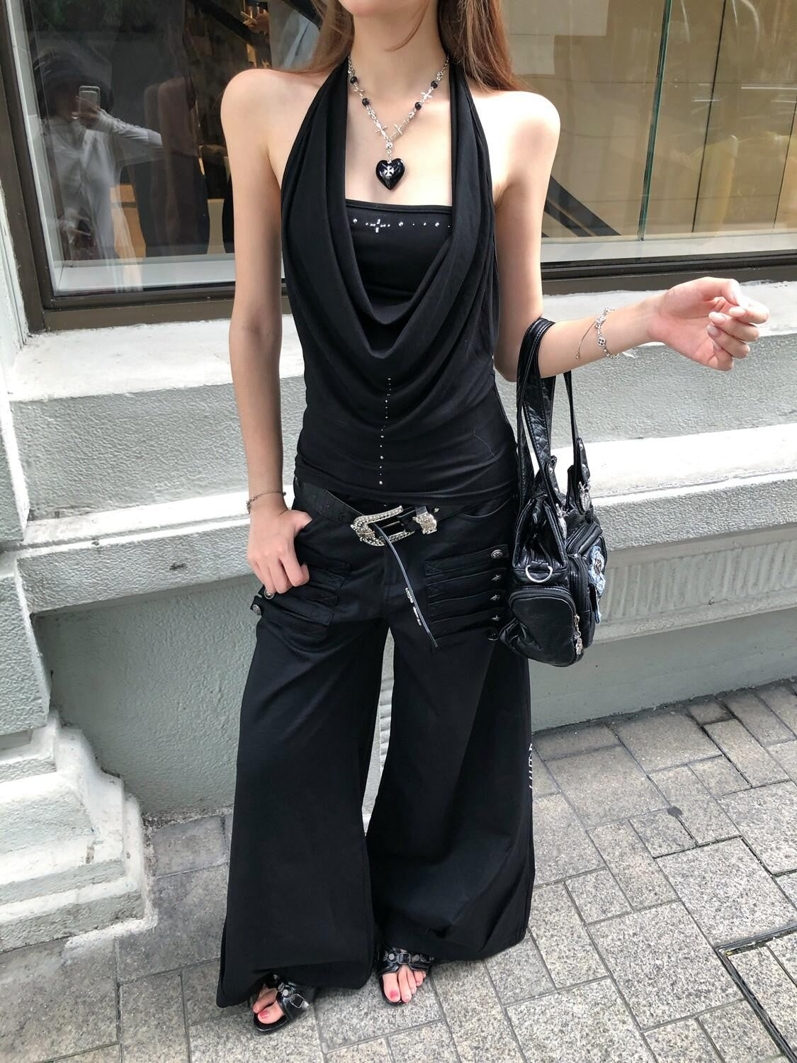 PoopyLii Black Button Detail Sculptural Floor Length Women's Polyester Wide-leg Pants