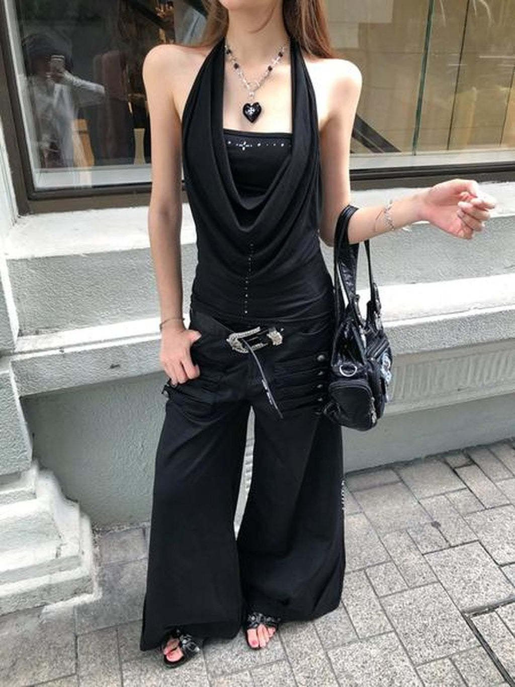 PoopyLii Black Button Detail Sculptural Floor Length Women's Polyester Wide-leg Pants