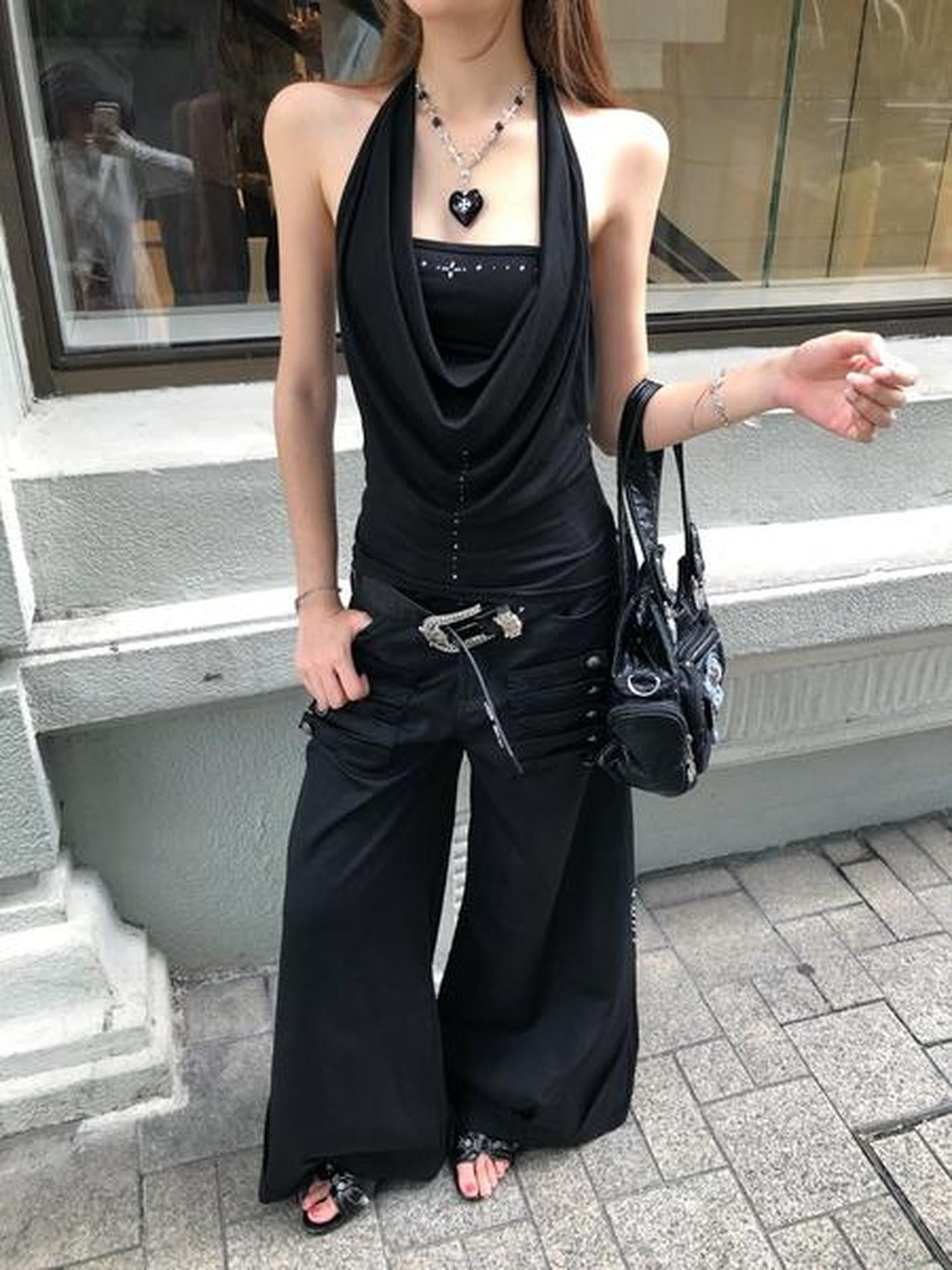 PoopyLii Black Button Detail Sculptural Floor Length Women's Polyester Wide-leg Pants