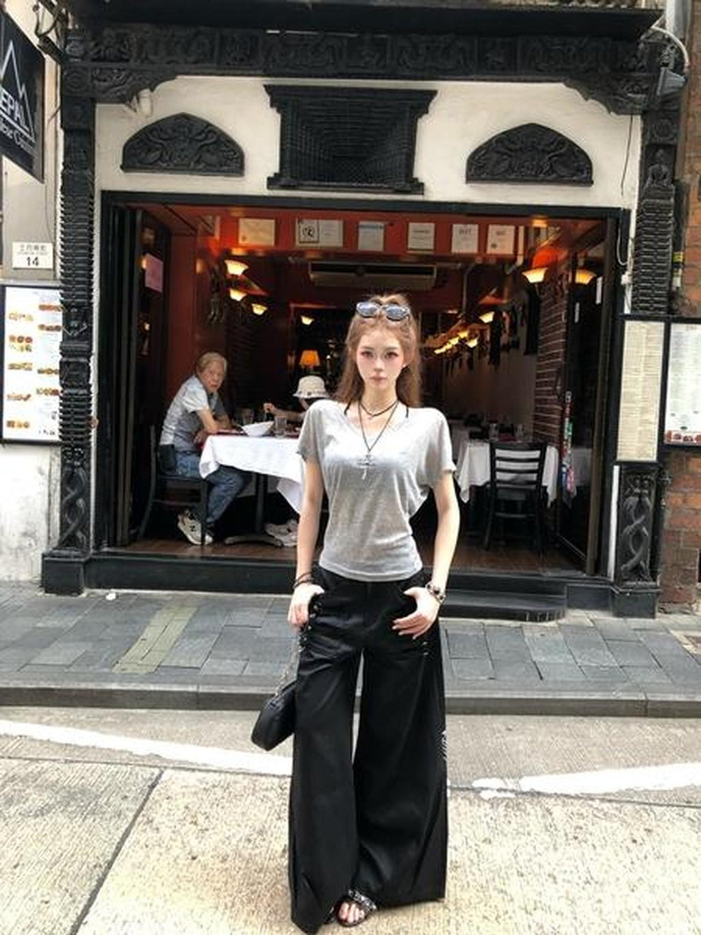 PoopyLii Black Button Detail Sculptural Floor Length Women's Polyester Wide-leg Pants