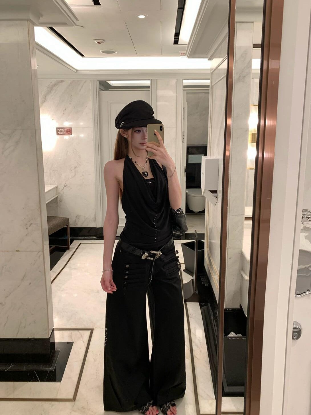 PoopyLii Black Button Detail Sculptural Floor Length Women's Polyester Wide-leg Pants
