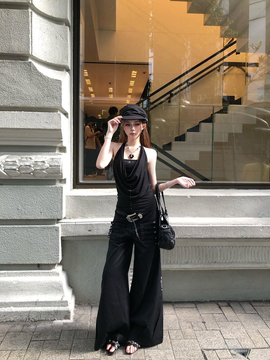 PoopyLii Black Button Detail Sculptural Floor Length Women's Polyester Wide-leg Pants