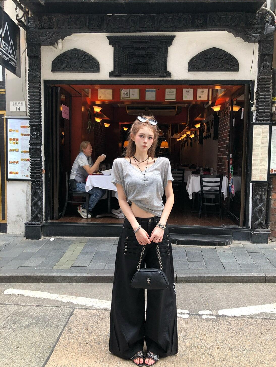 PoopyLii Black Button Detail Sculptural Floor Length Women's Polyester Wide-leg Pants