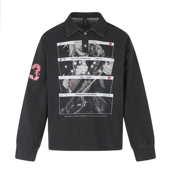 PoopyLii_Black_Distressed_Number_Print_Polo_Women's_Cotton_Long_Sleeve_T-shirts_1071701502964_MISSTT