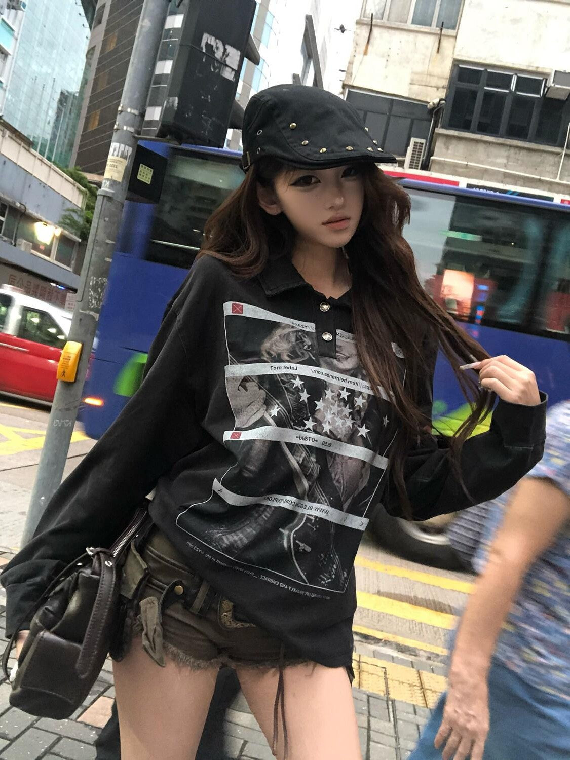 PoopyLii Black Distressed Number Print Polo Women's Cotton Long Sleeve T-shirts