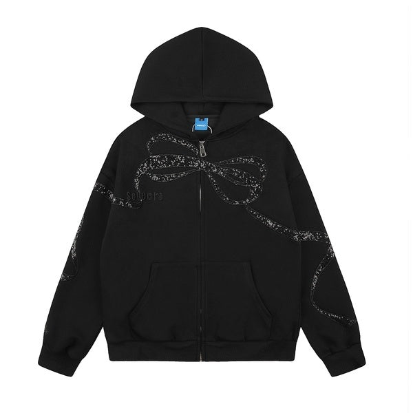 PoopyLii_Black_Embroidered_Sequined_Bow_Loose_Hooded_Women's_Cotton_Blend_Zip-up_Hoodies_1073706672109_MISSTT
