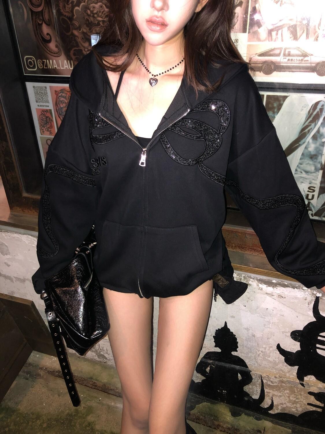 PoopyLii Black Embroidered Sequined Bow Loose Hooded Women's Cotton Blend Zip-up Hoodies