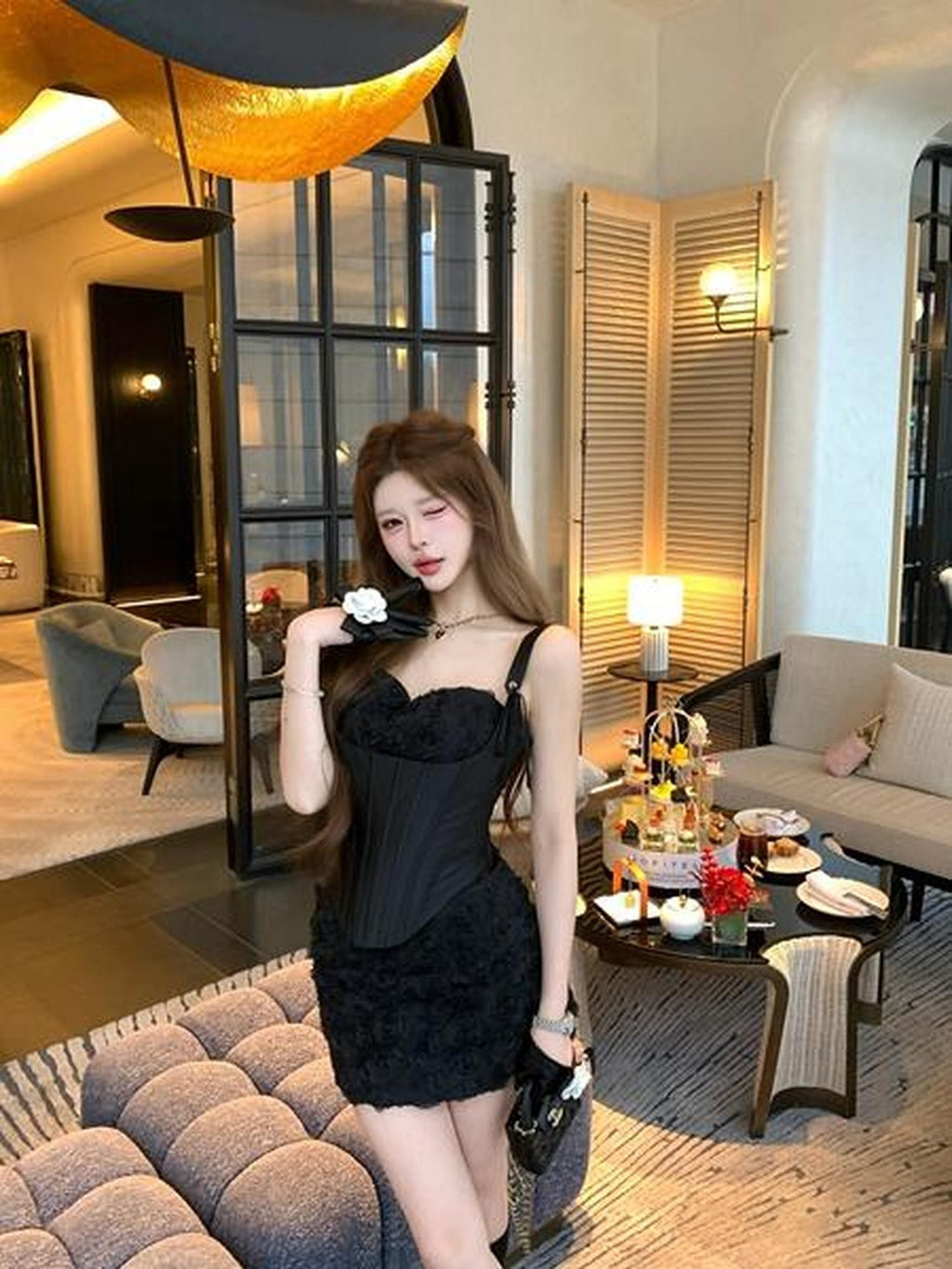 PoopyLii Black Fishbone Corset High Waist Floral Sling Women's Lace Matching Skirt Sets