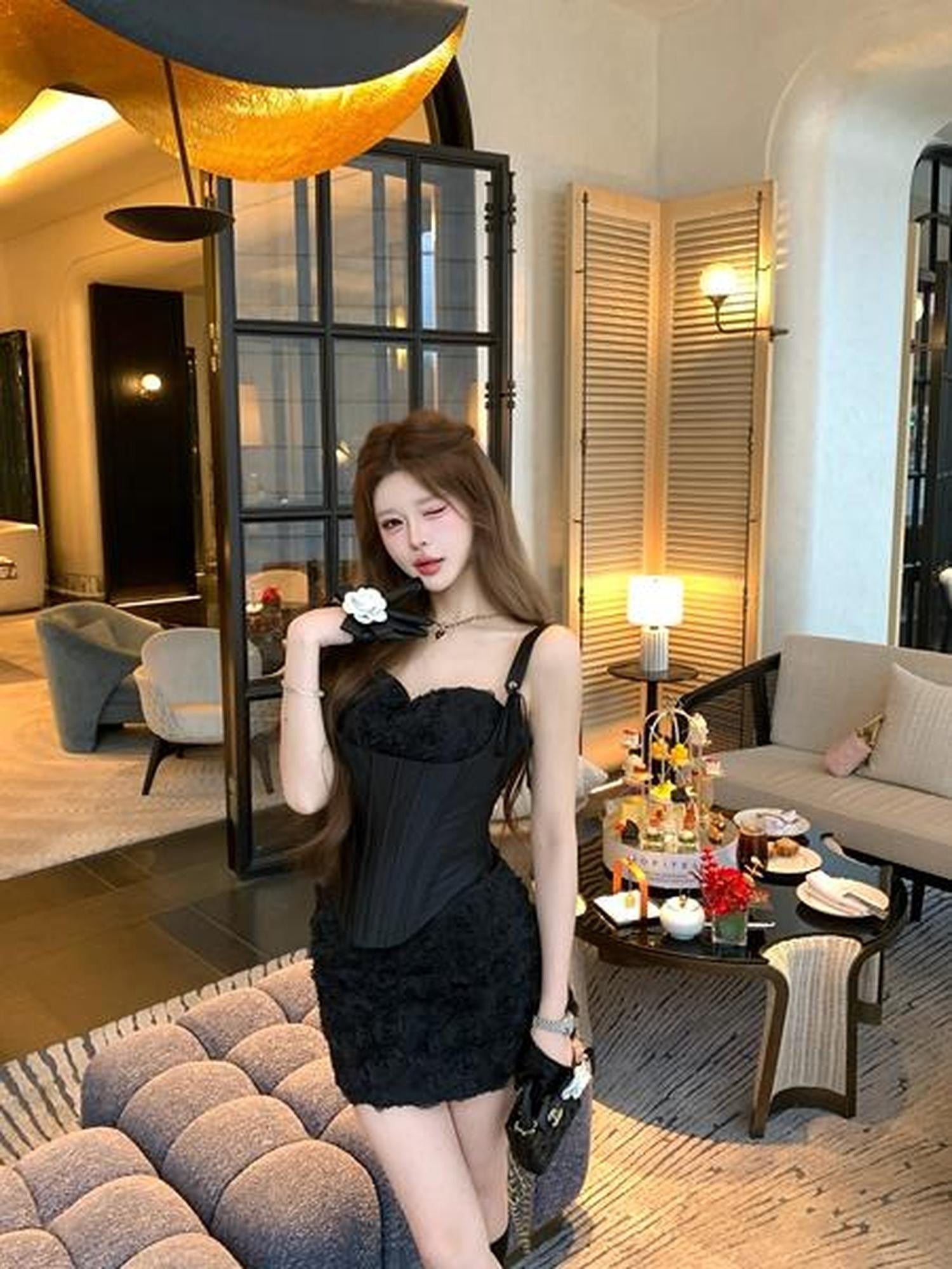 PoopyLii Black Fishbone Corset High Waist Floral Sling Women's Lace Matching Skirt Sets