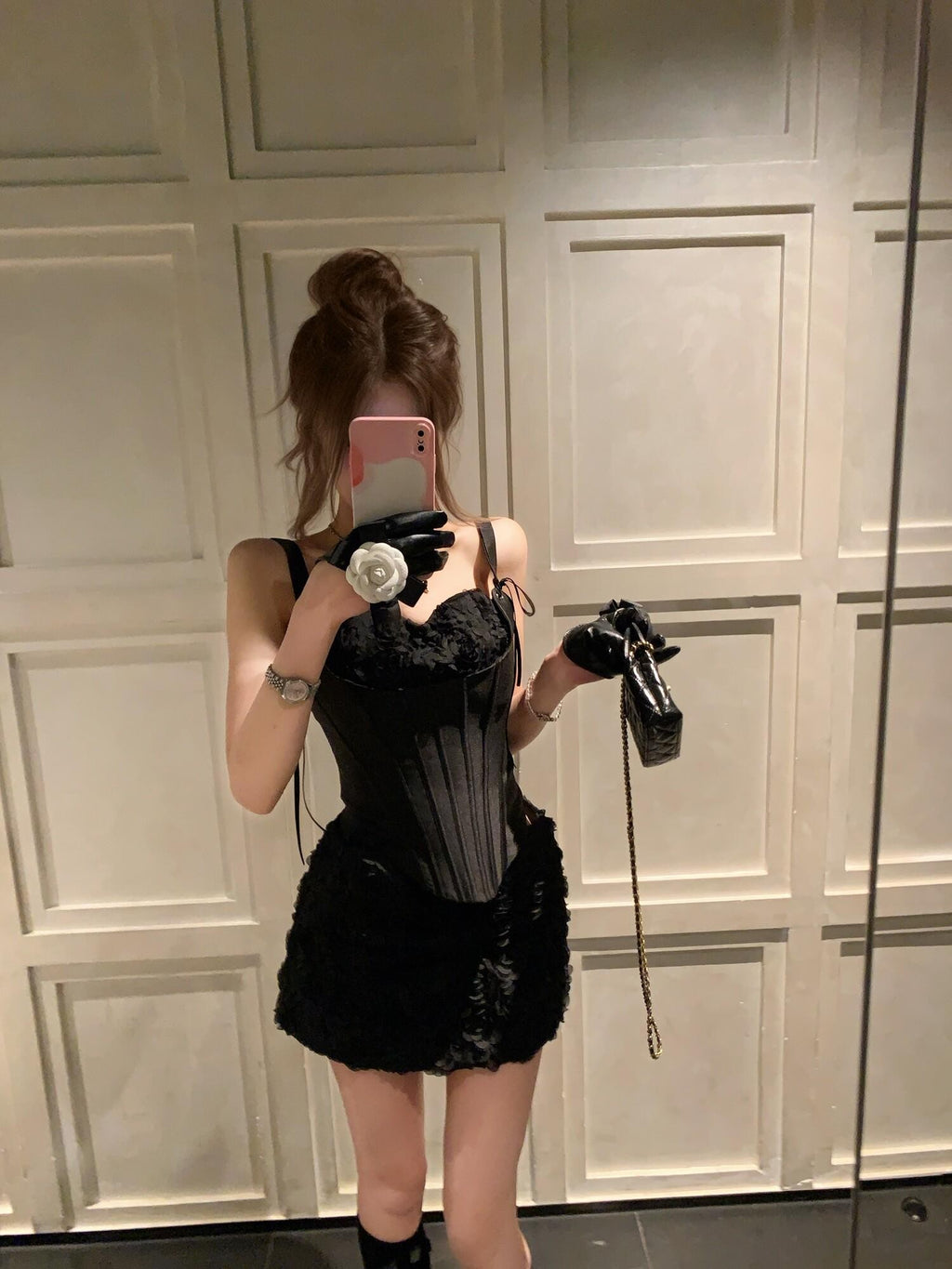PoopyLii Black Fishbone Corset High Waist Floral Sling Women's Lace Matching Skirt Sets