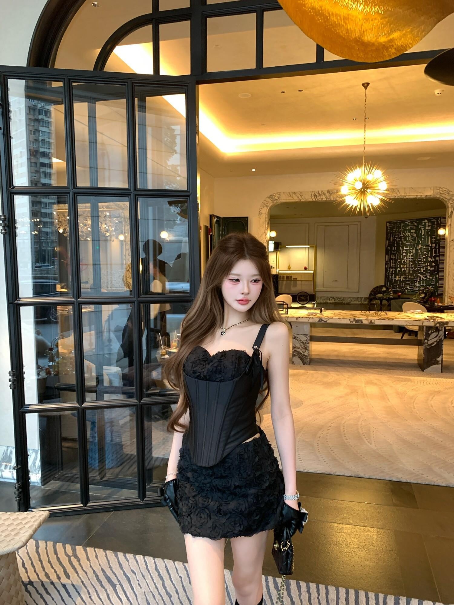 PoopyLii Black Fishbone Corset High Waist Floral Sling Women's Lace Matching Skirt Sets