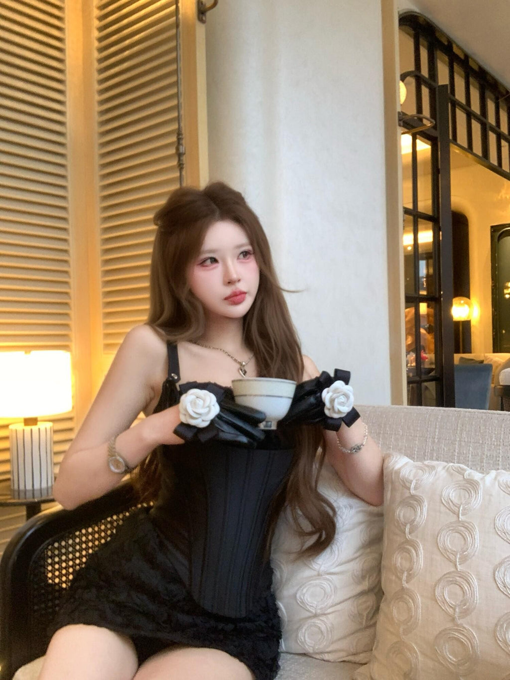 PoopyLii Black Fishbone Corset High Waist Floral Sling Women's Lace Matching Skirt Sets