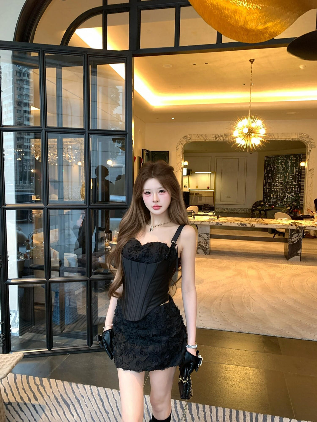 PoopyLii Black Fishbone Corset High Waist Floral Sling Women's Lace Matching Skirt Sets