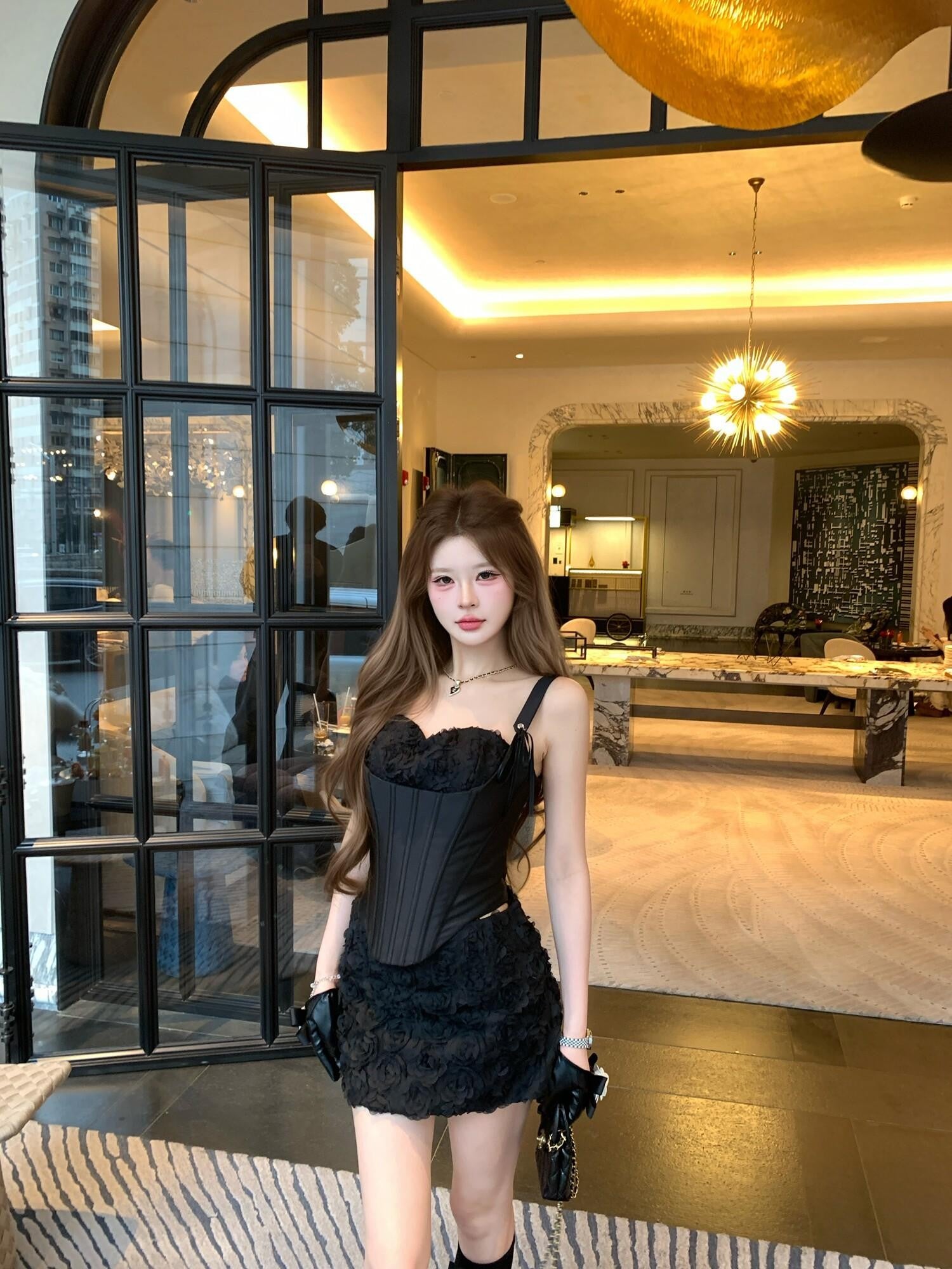 PoopyLii Black Fishbone Corset High Waist Floral Sling Women's Lace Matching Skirt Sets