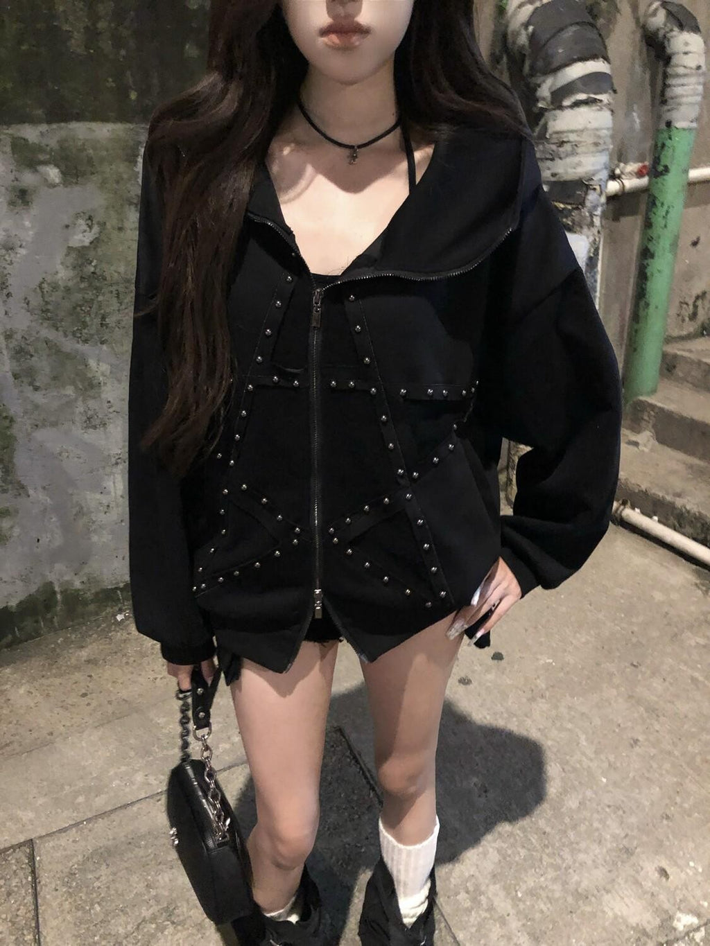 PoopyLii Black Star Stud Deconstructed Splice Women's Cotton Blend Zip-up Hoodies