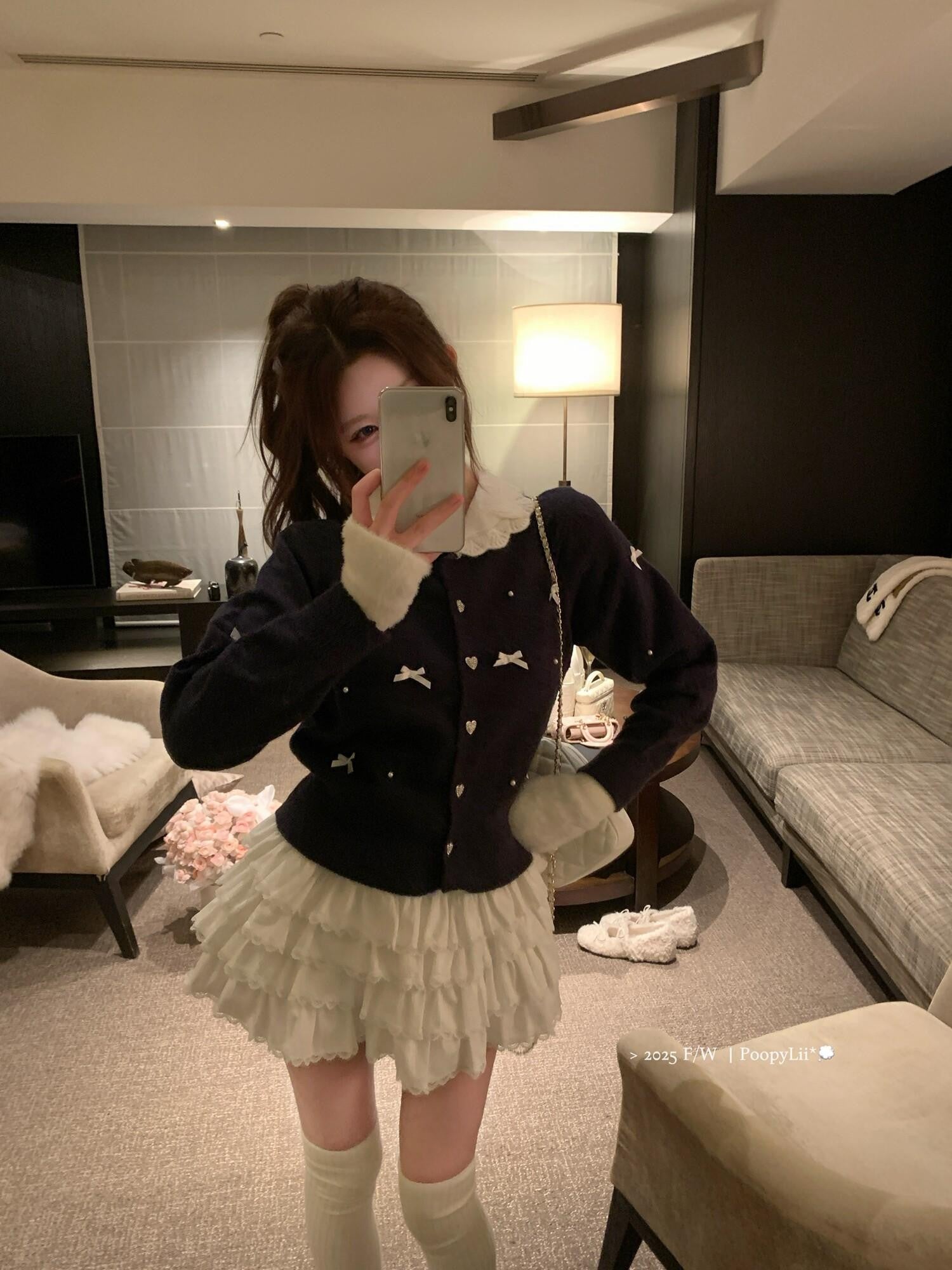 PoopyLii Black White Ruffled Spliced Puffy Mid Waist Women's Polyester Mini Skirts