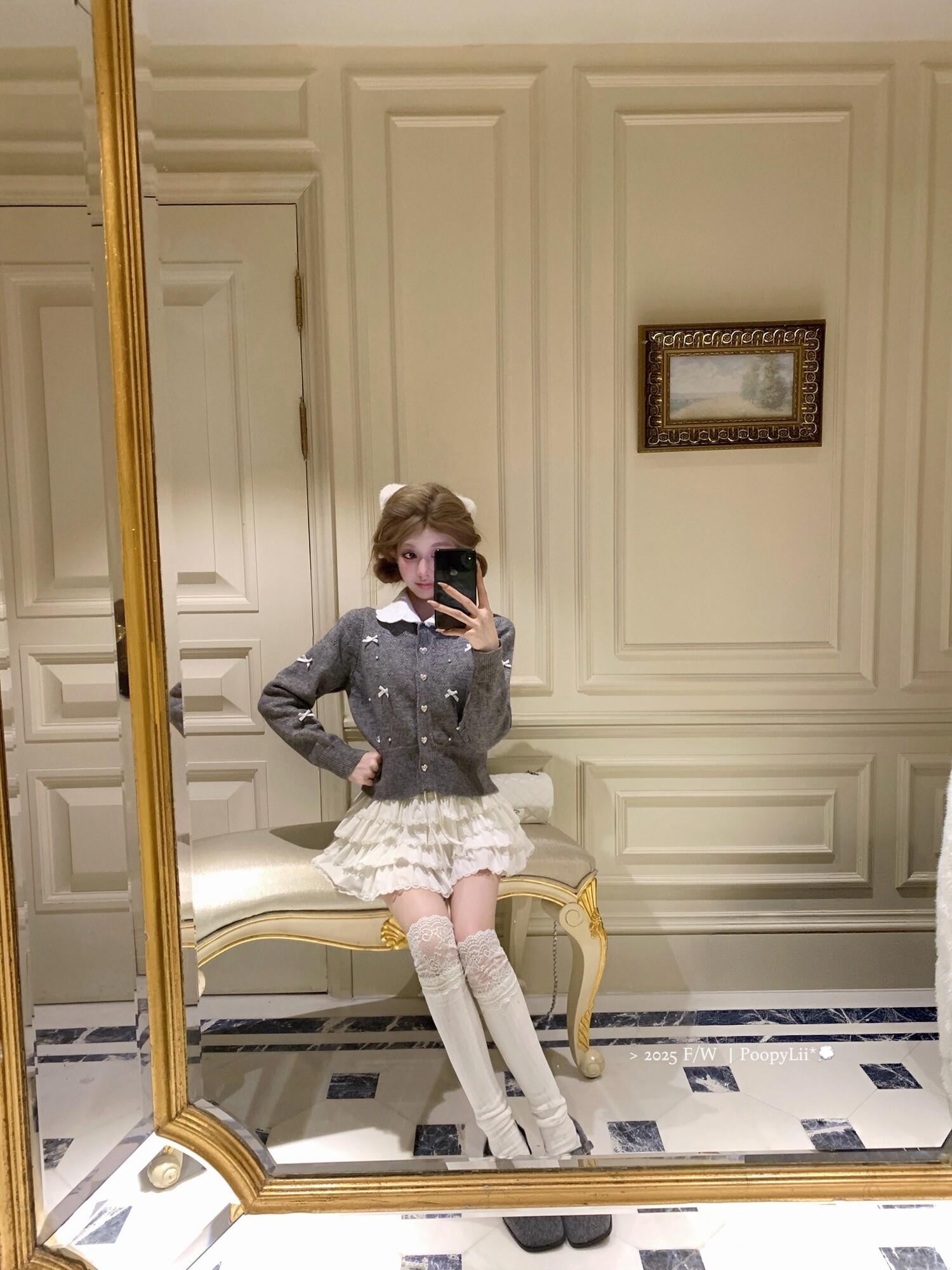 PoopyLii Black White Ruffled Spliced Puffy Mid Waist Women's Polyester Mini Skirts