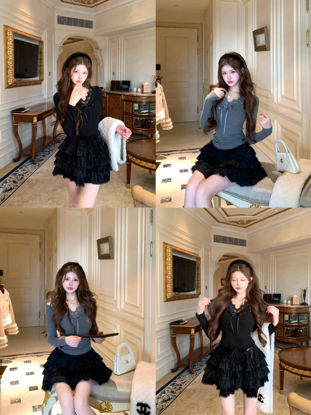 PoopyLii Black White Ruffled Spliced Puffy Mid Waist Women's Polyester Mini Skirts