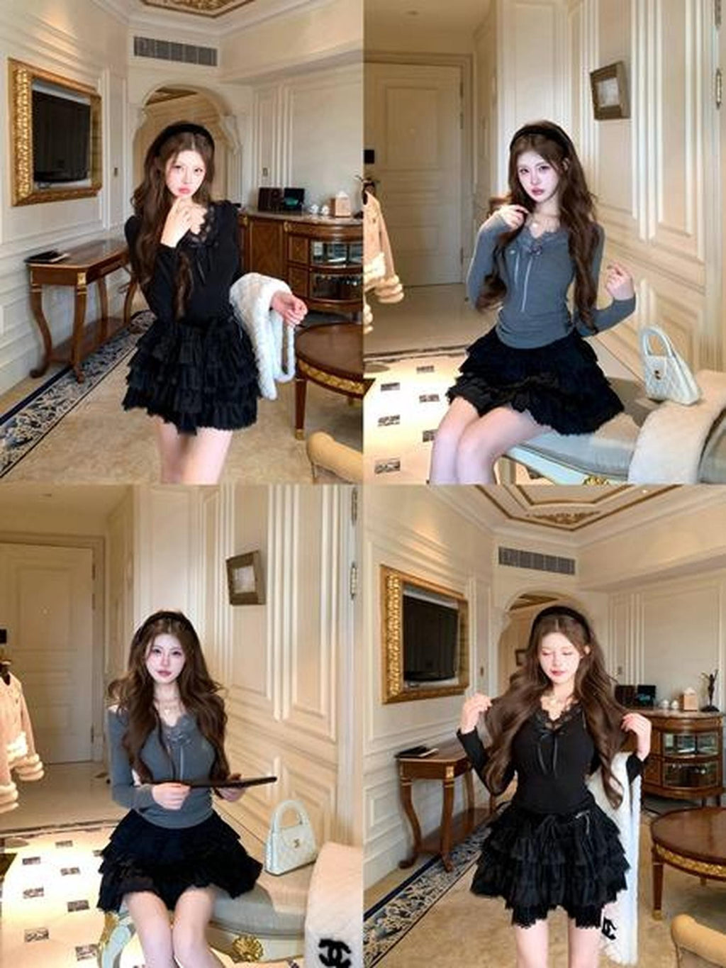 PoopyLii Black White Ruffled Spliced Puffy Mid Waist Women's Polyester Mini Skirts
