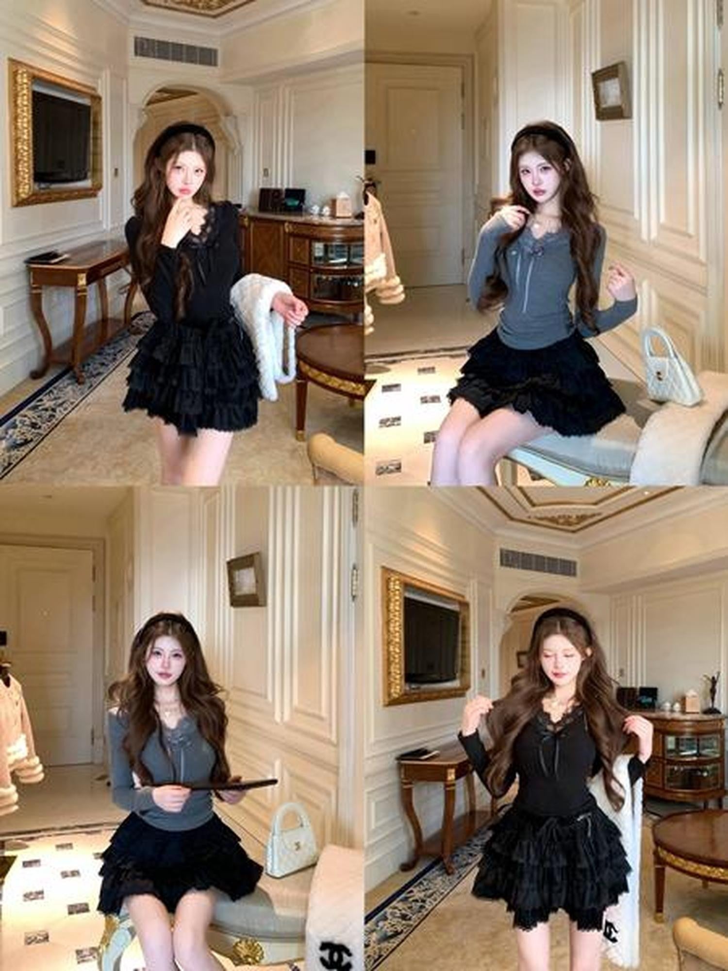 PoopyLii Black White Ruffled Spliced Puffy Mid Waist Women's Polyester Mini Skirts
