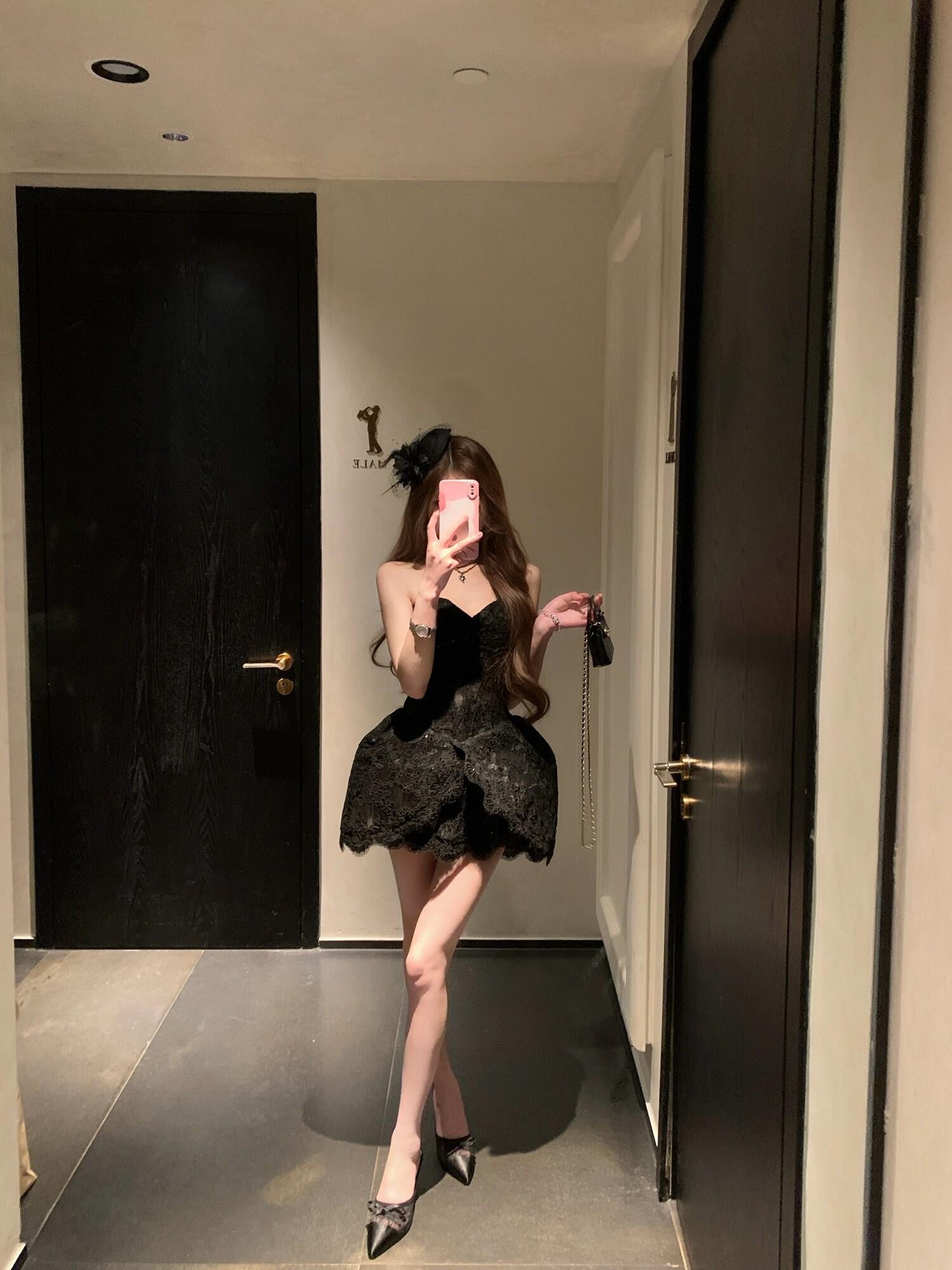 PoopyLii Black White Slim Fit Princess Tube Top Women's Tube Mini Dresses
