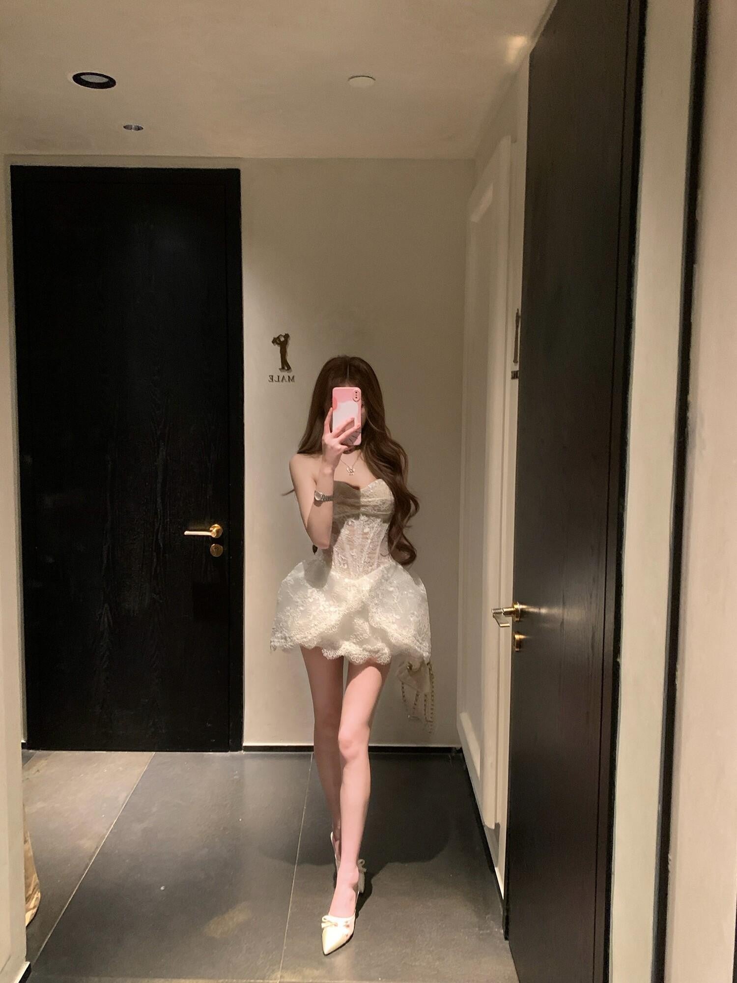 PoopyLii Black White Slim Fit Princess Tube Top Women's Tube Mini Dresses
