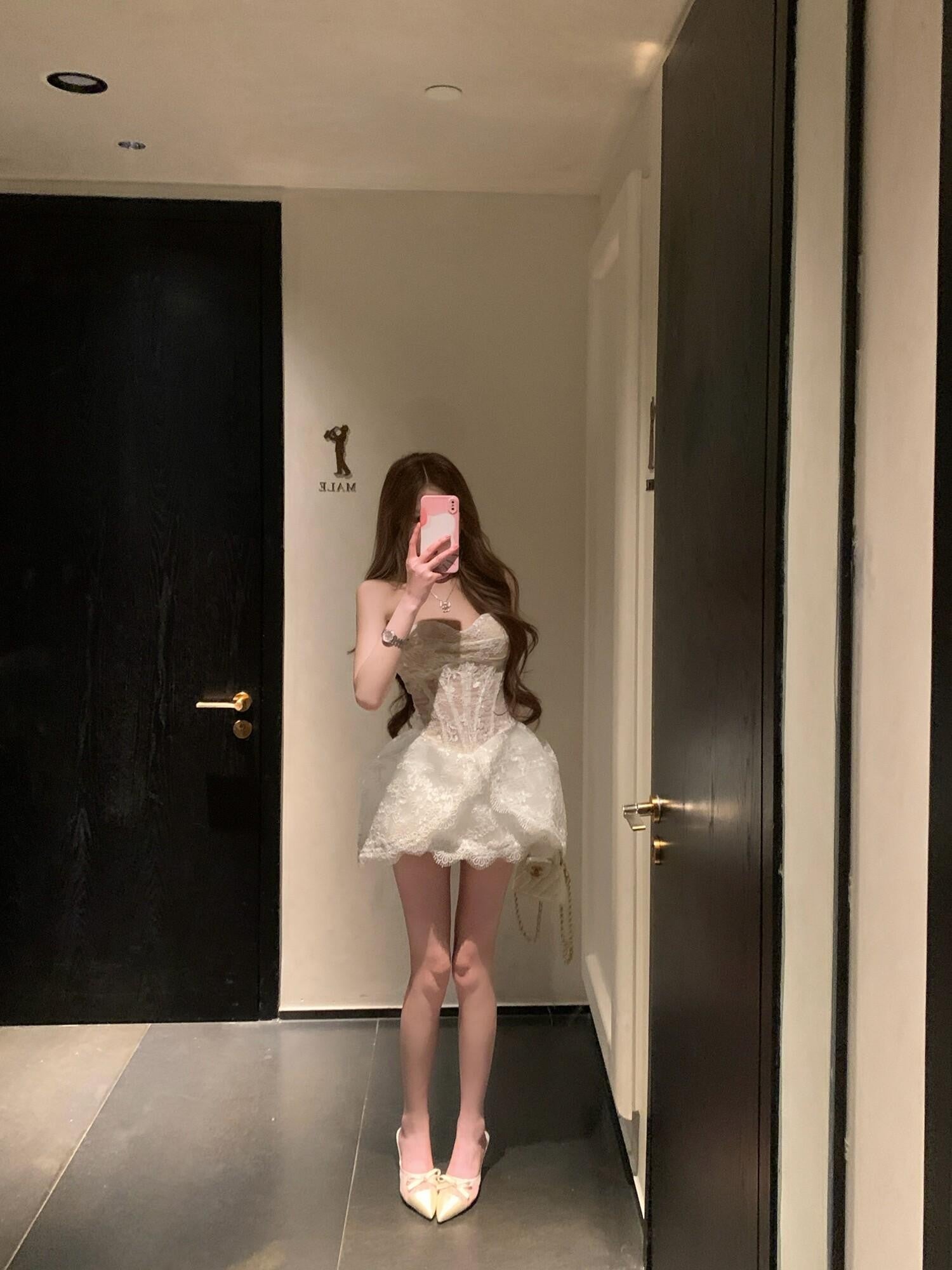 PoopyLii Black White Slim Fit Princess Tube Top Women's Tube Mini Dresses