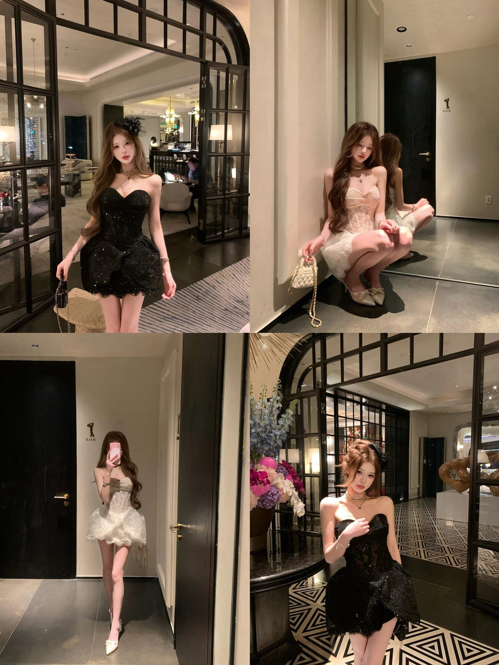 PoopyLii Black White Slim Fit Princess Tube Top Women's Tube Mini Dresses
