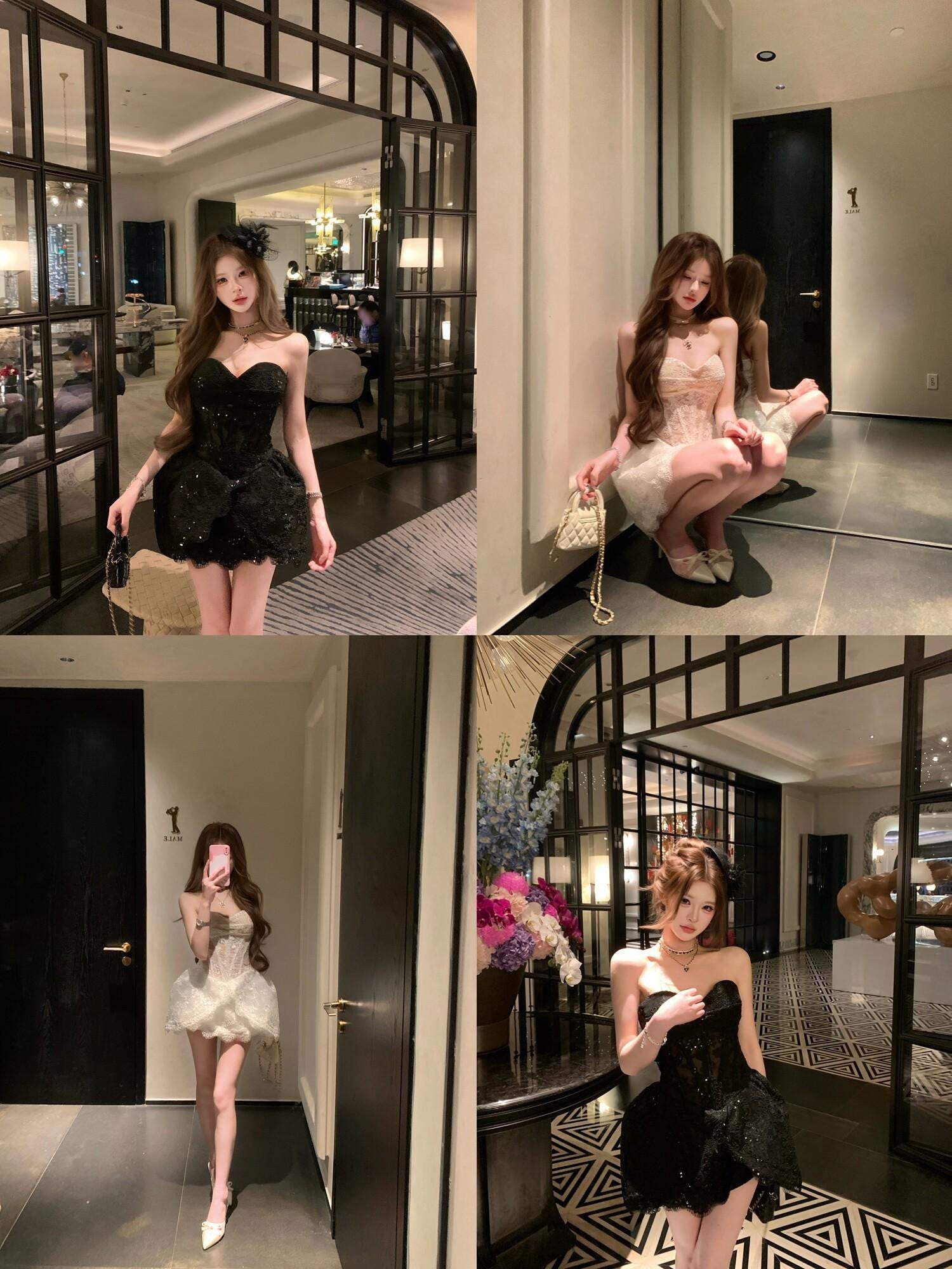 PoopyLii Black White Slim Fit Princess Tube Top Women's Tube Mini Dresses