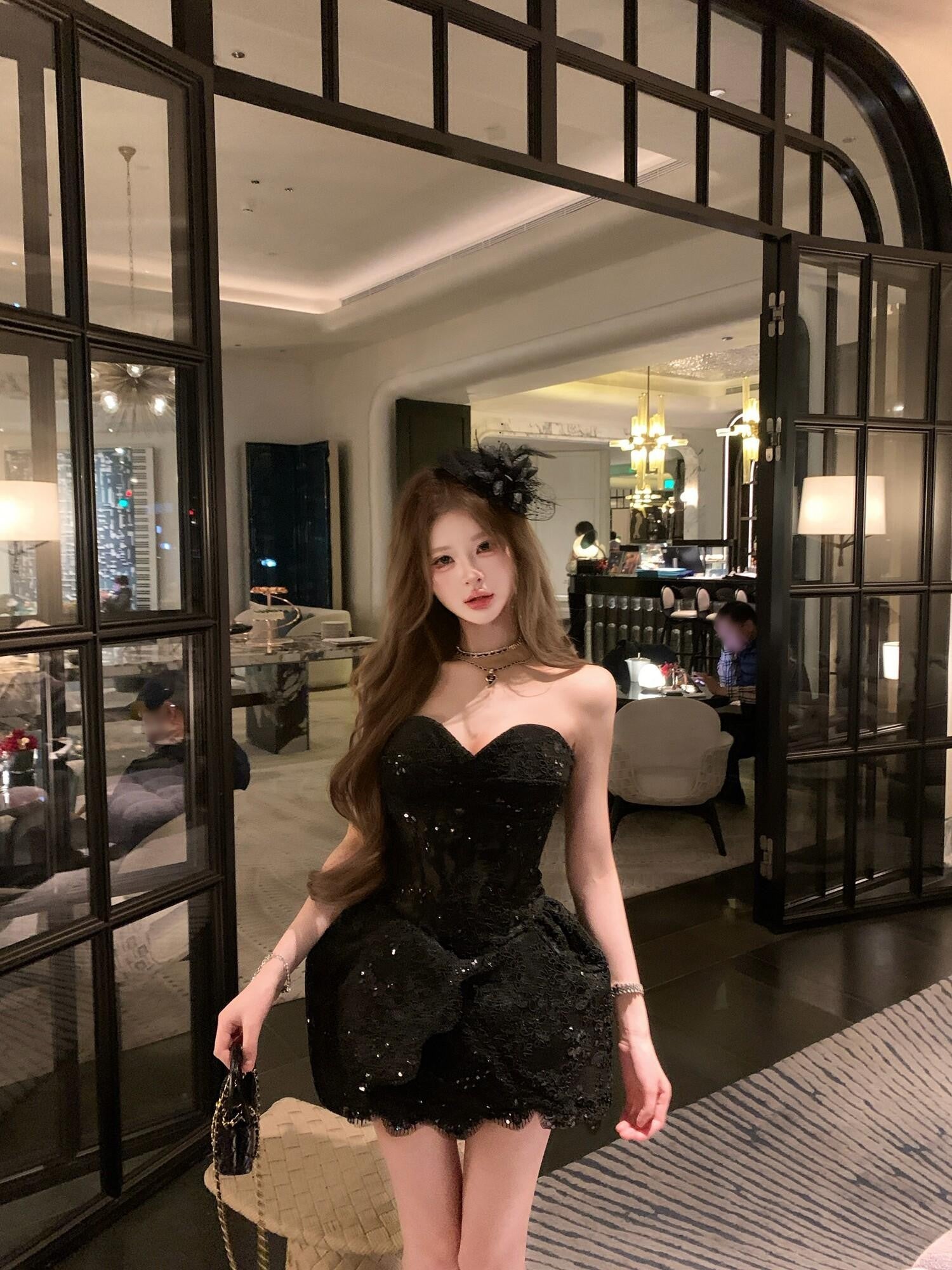 PoopyLii Black White Slim Fit Princess Tube Top Women's Tube Mini Dresses