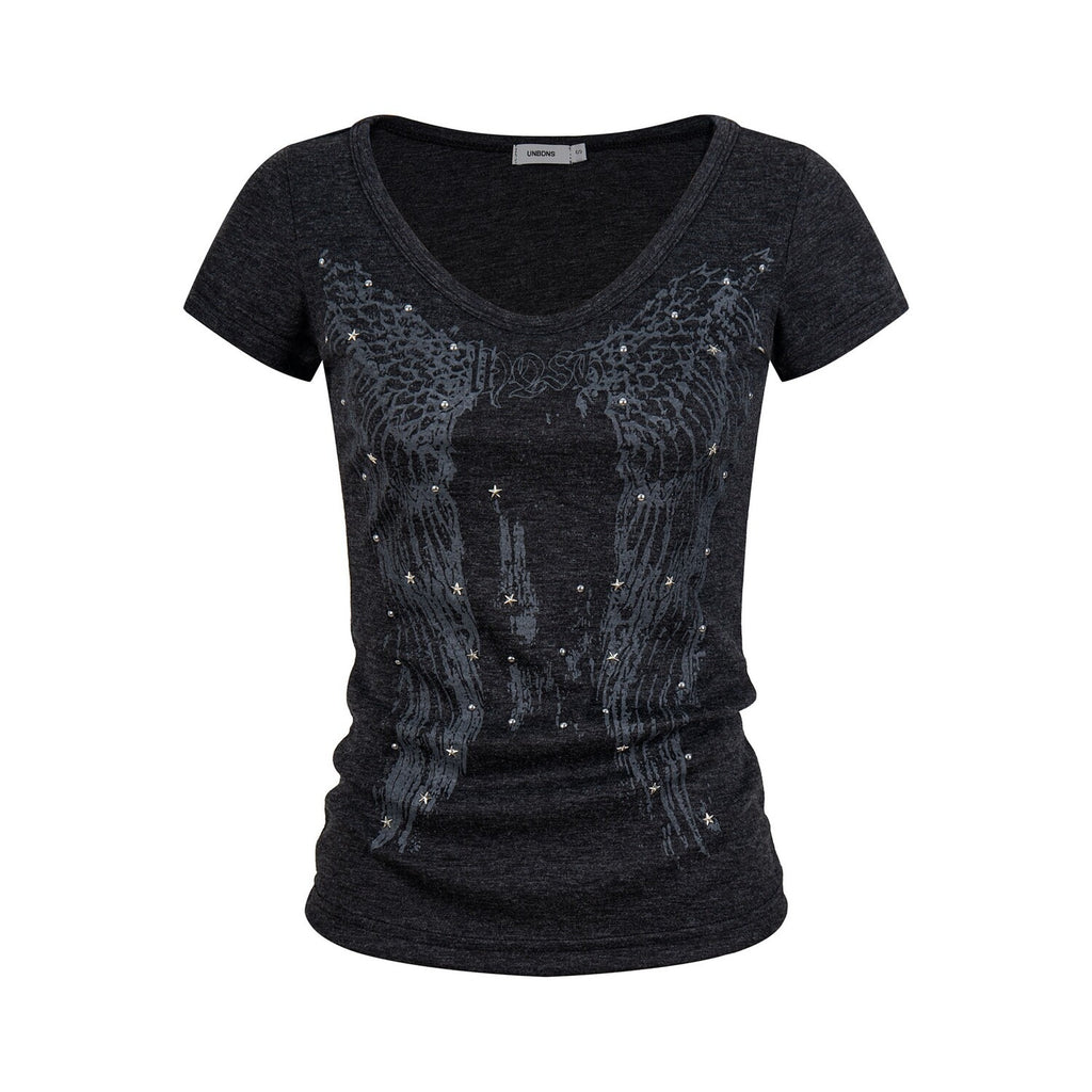 PoopyLii_Black_Wing_Distressed_Heat_Transfer_Women's_Slim_Fit_Short_Sleeve_T-shirts_1058020300939_MISSTT