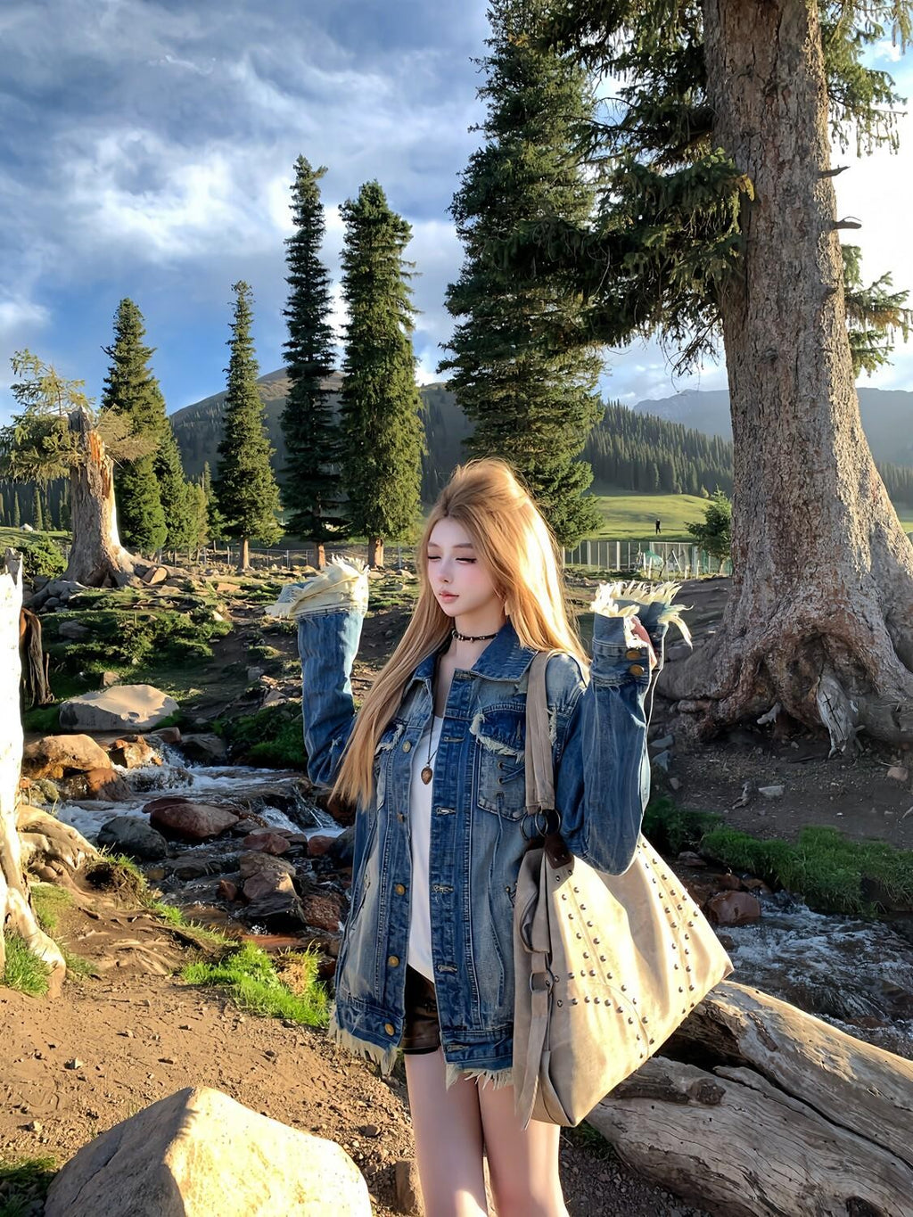 PoopyLii Boho Vintage Wash Heavy Ripped Tie Strap Frayed Hem Women's Denim Jackets