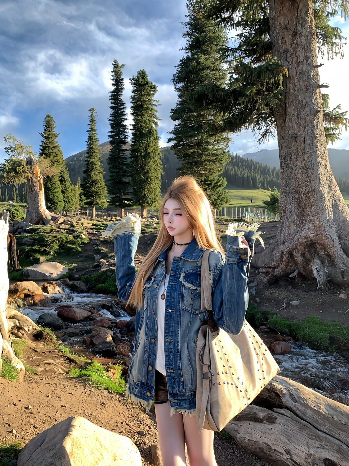 PoopyLii Boho Vintage Wash Heavy Ripped Tie Strap Frayed Hem Women's Denim Jackets