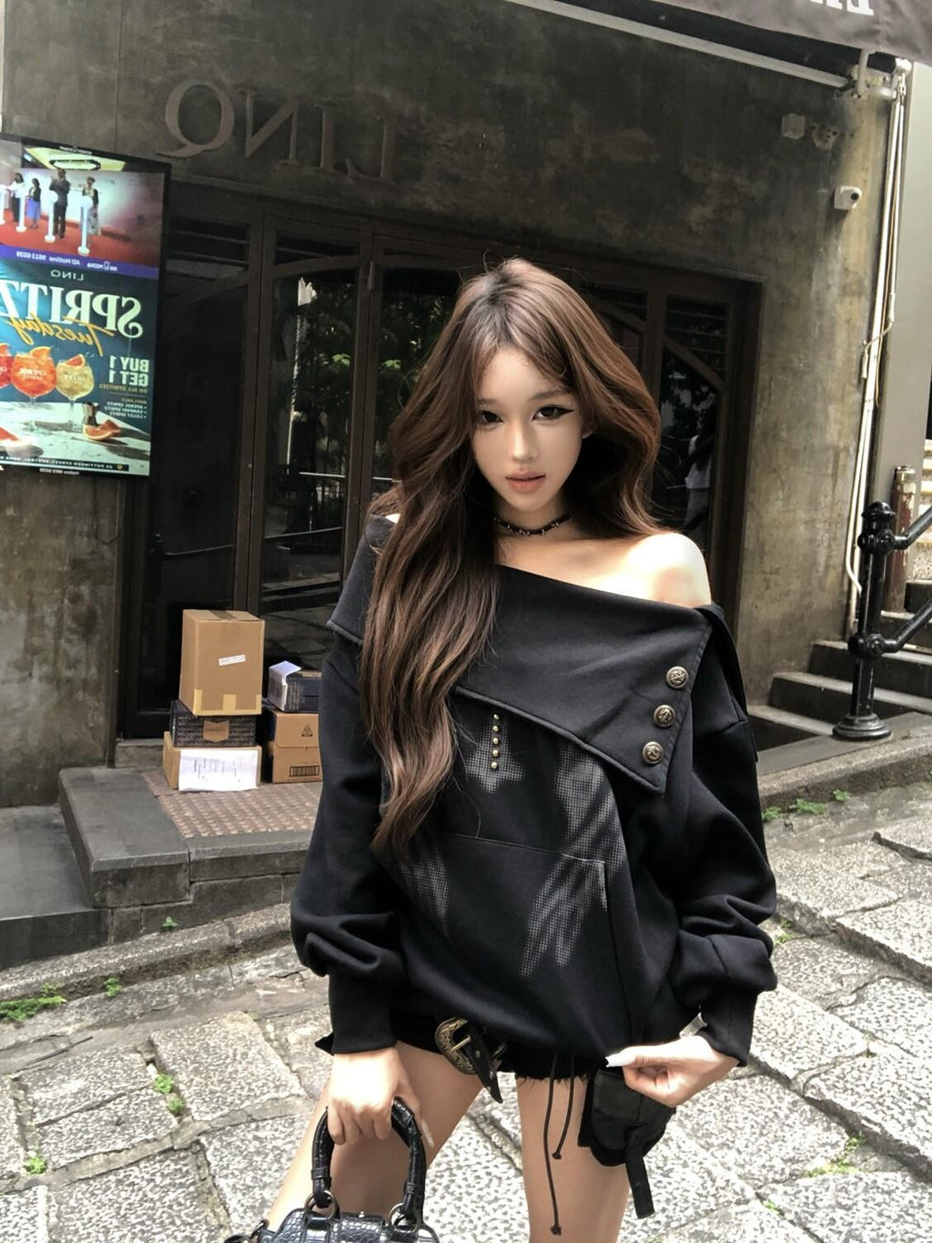 PoopyLii Buttoned Off Shoulder Vintage Print Women's Cotton Blend Long Sleeve T-shirts