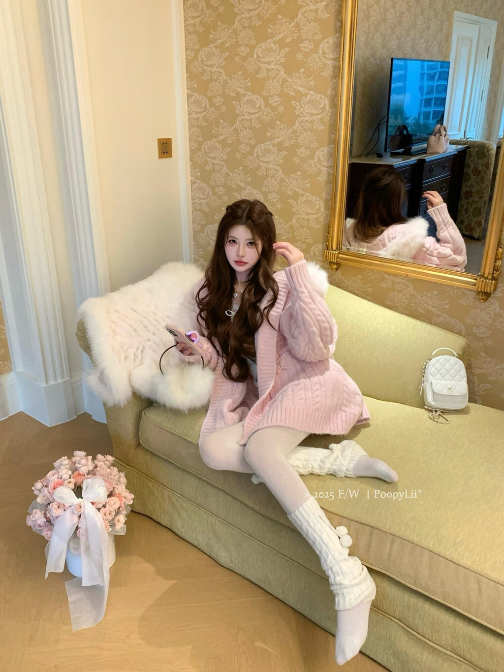 PoopyLii Cable Knit Hooded Fur Collar Women's Knitted Button Cardigan Wool Coats