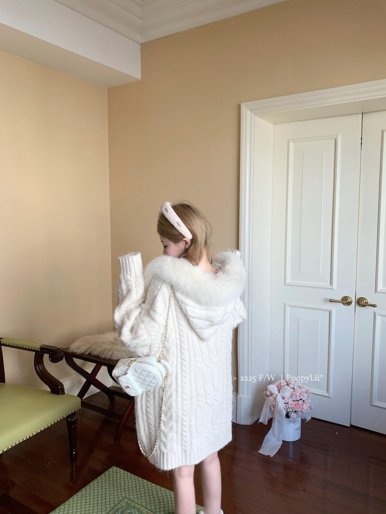 PoopyLii Cable Knit Hooded Fur Collar Women's Knitted Button Cardigan Wool Coats