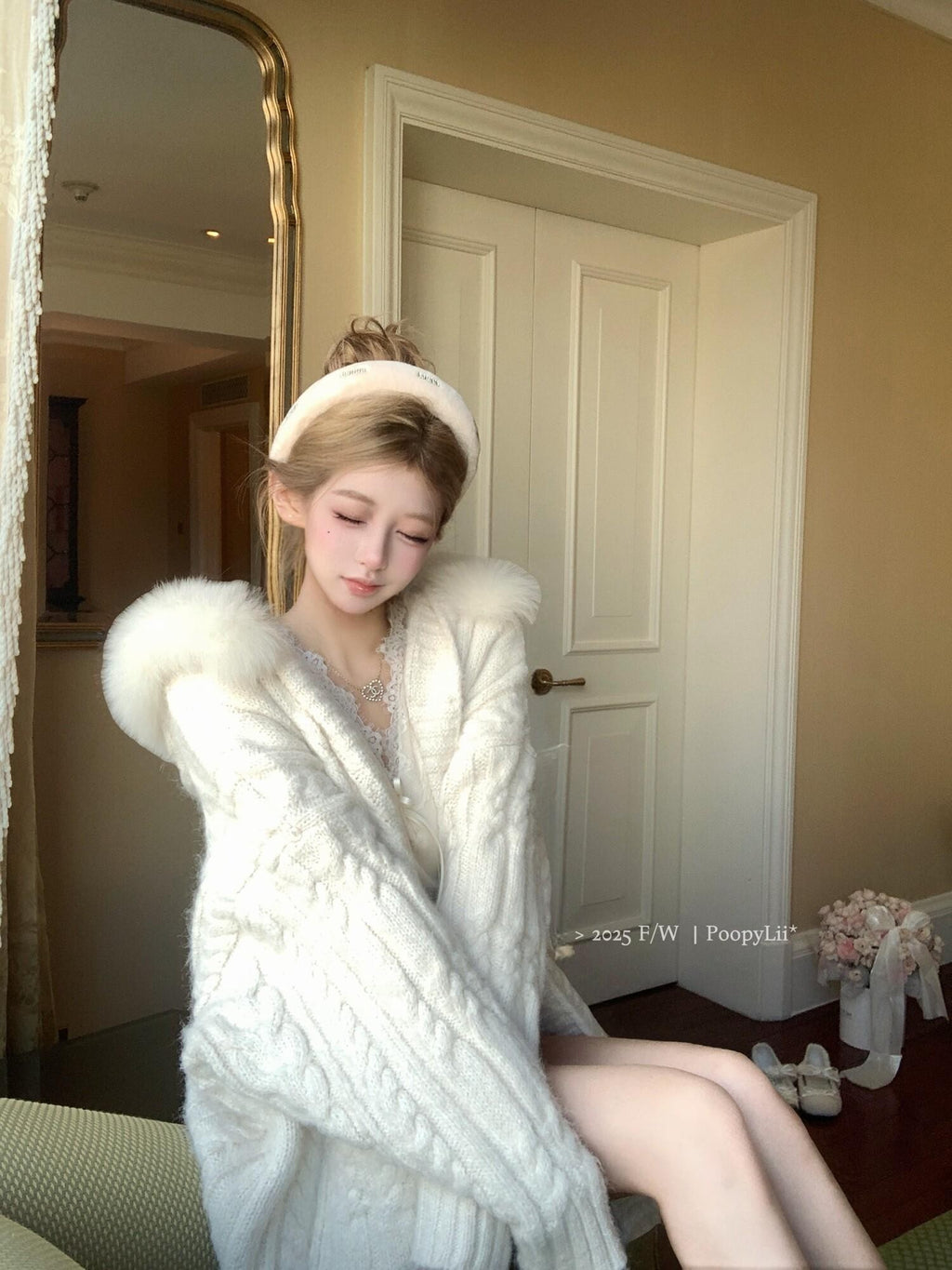 PoopyLii Cable Knit Hooded Fur Collar Women's Knitted Button Cardigan Wool Coats