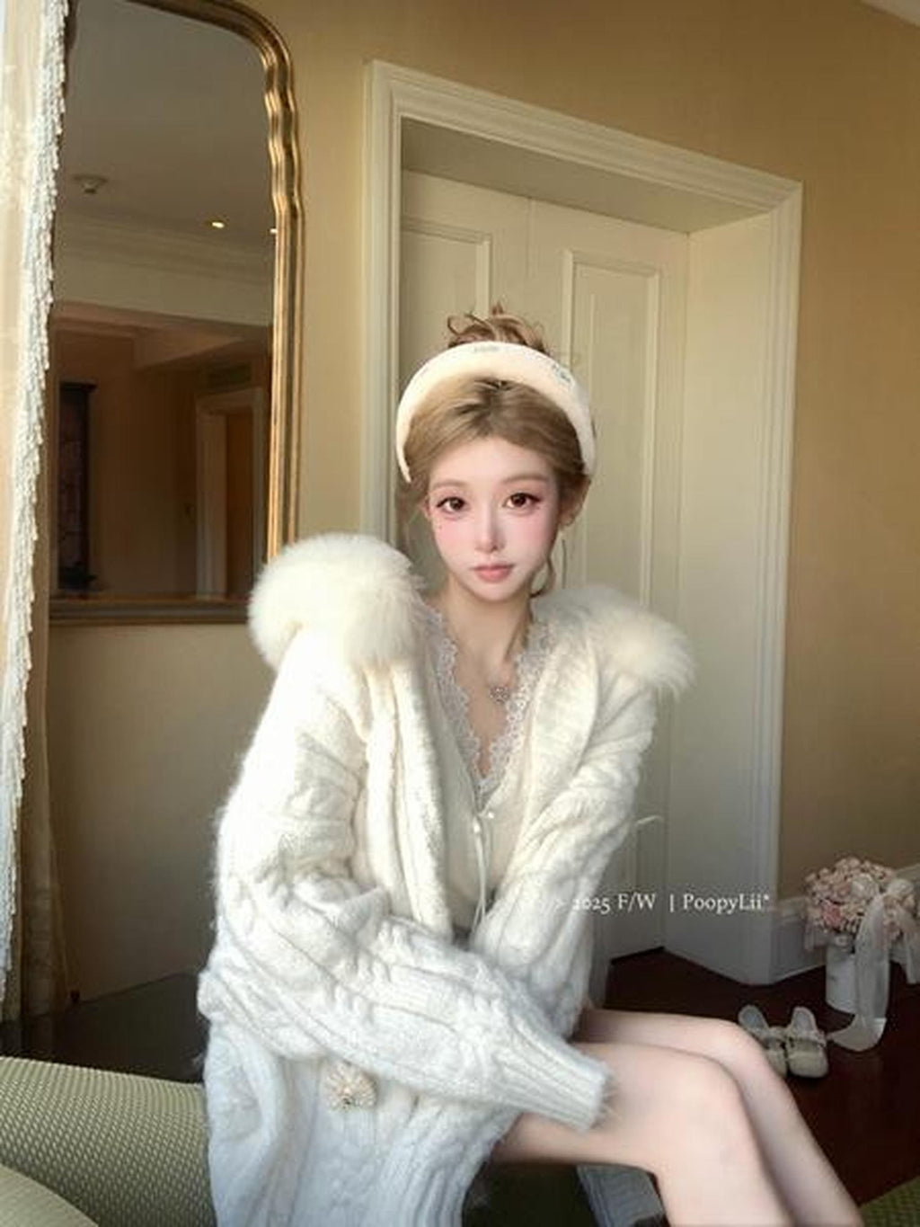 PoopyLii Cable Knit Hooded Fur Collar Women's Knitted Button Cardigan Wool Coats