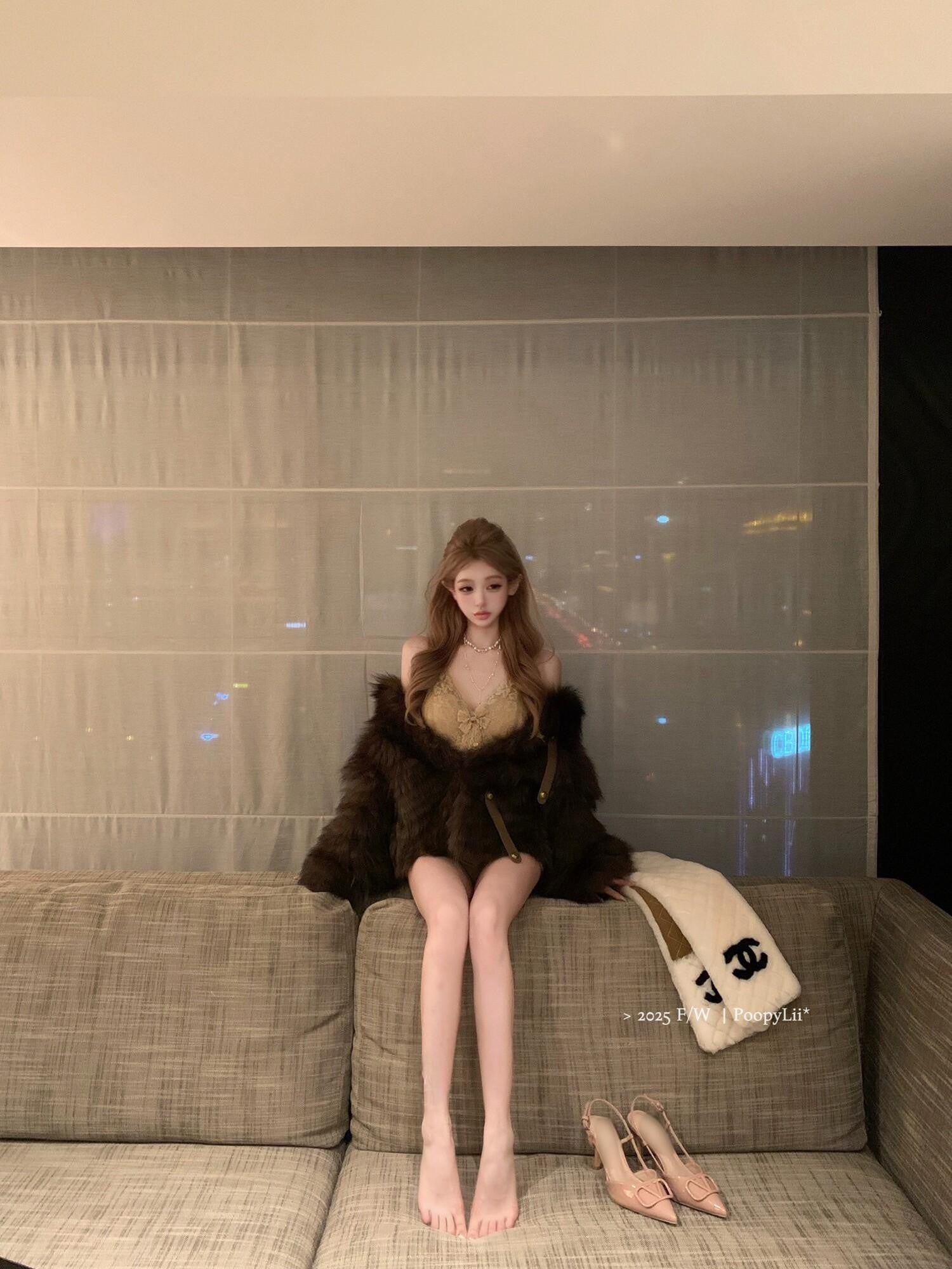PoopyLii Cake Tiered Striped Stand Collar Women's Fox Fur Faux Fur Coats